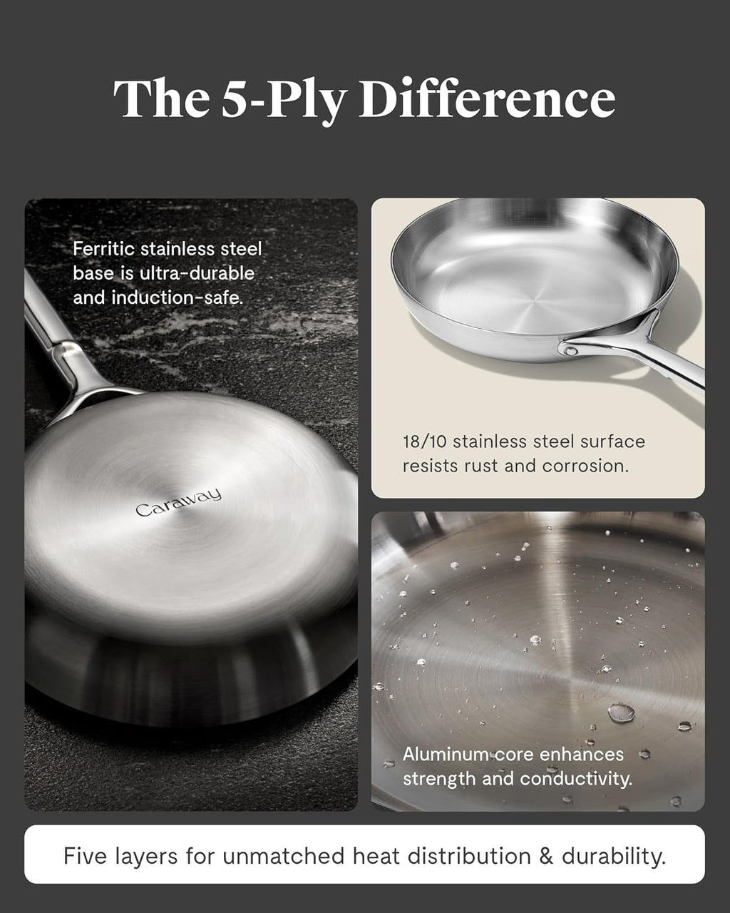 Caraway Stainless Steel Fry Pan (2.7 qt, 10.5') - 5-Ply Stainless Steel Pan - Oven Safe & Stovetop Agnostic - Non Toxic, PTFE & PFOA Free