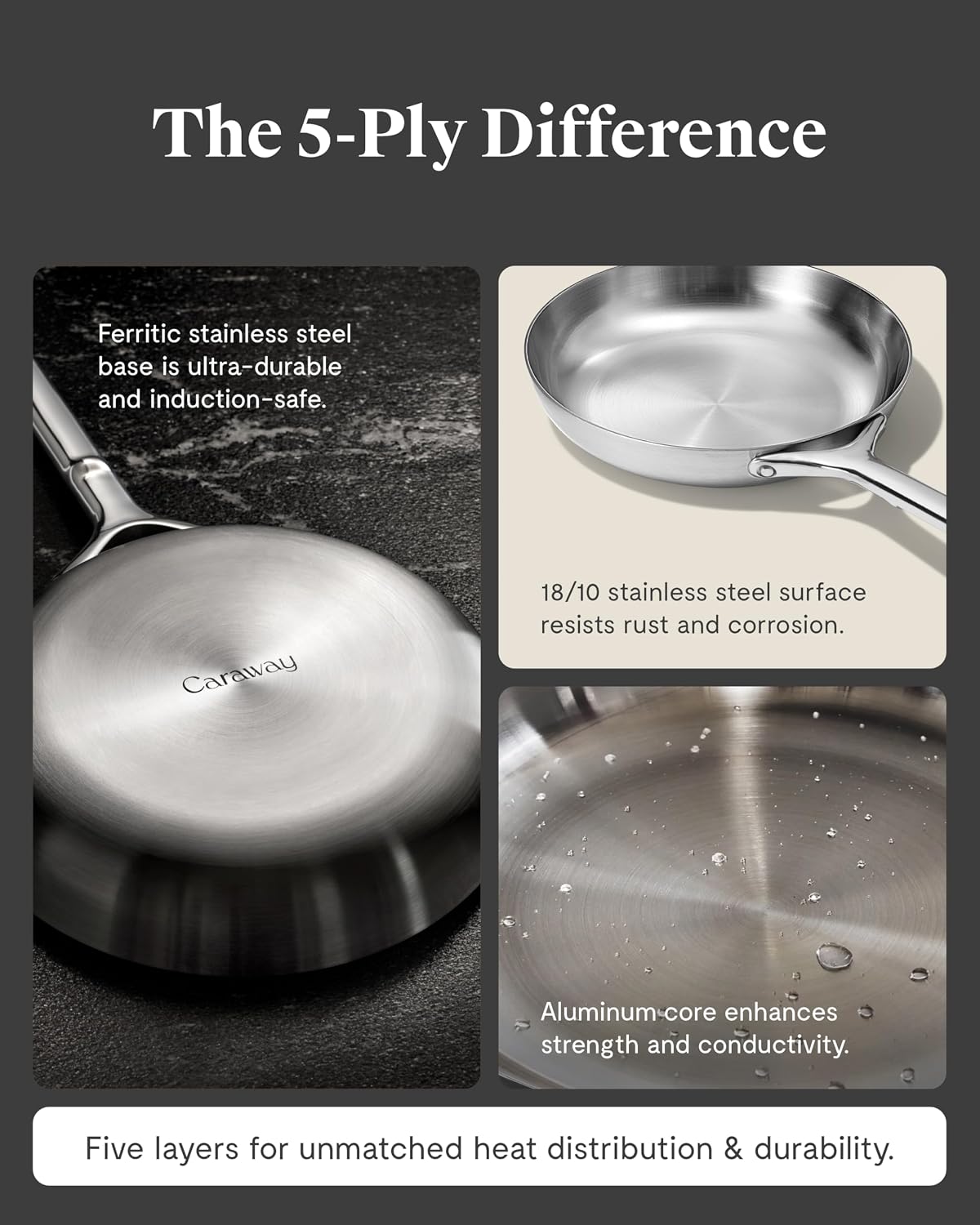 Caraway Stainless Steel Fry Pan (2.7 qt, 10.5') - 5-Ply Stainless Steel Pan - Oven Safe & Stovetop Agnostic - Non Toxic, PTFE & PFOA Free
