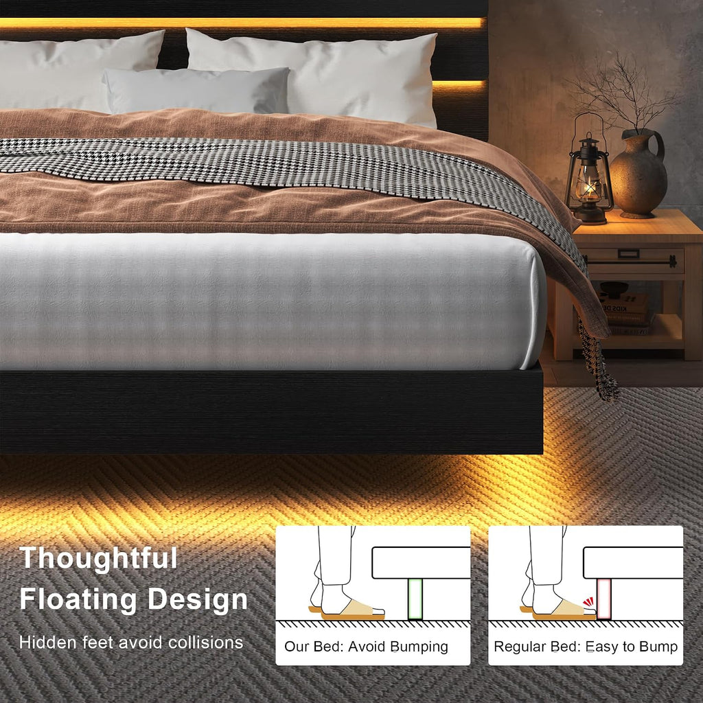 Feonase Floating Bed Frame Full with Led Lights and Charging Station, Wood Full Size Bed Frame with Storage Headboard, Heavy Duty Metal Slats, No Box Spring Needed, Easy Assembly, Noise-Free,Black