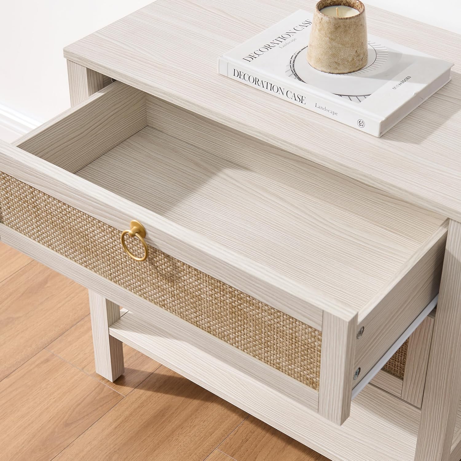 SICOTAS Boho Rattan Nightstand Set of 2, 26.7' Extra Wide Bedside Table with 2 Drawers & Open Shelf, White Oak Large Side Table for King Size Bed, Modern Coastal End Table for Master Bedroom