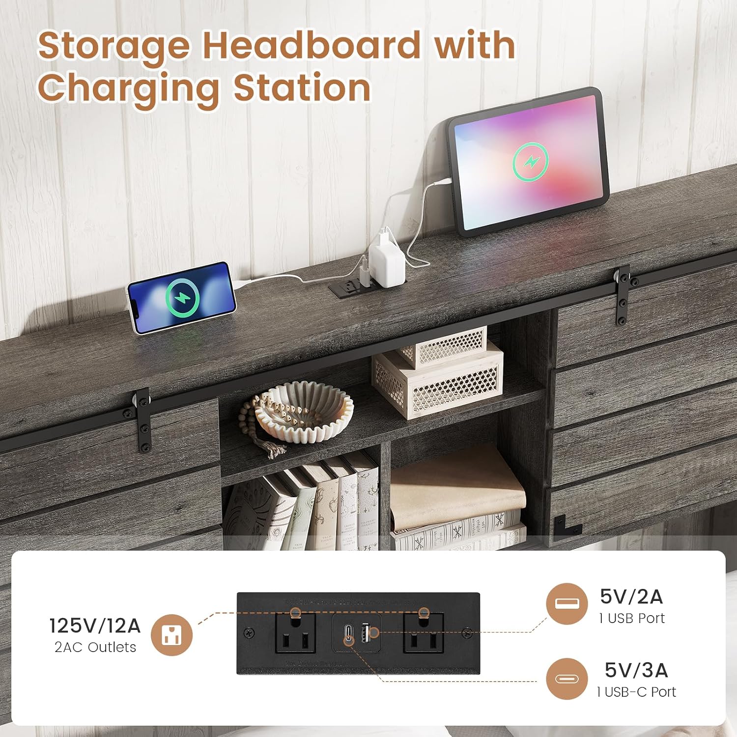 VIAGDO Wooden Bed Frame Full Size with Bookcase Headboard and Sliding Barn Door, Farmhouse Bed Frame Full Size with Charging Station, LED Lights and 4 Storage Drawers, No Box Spring Needed, Grey