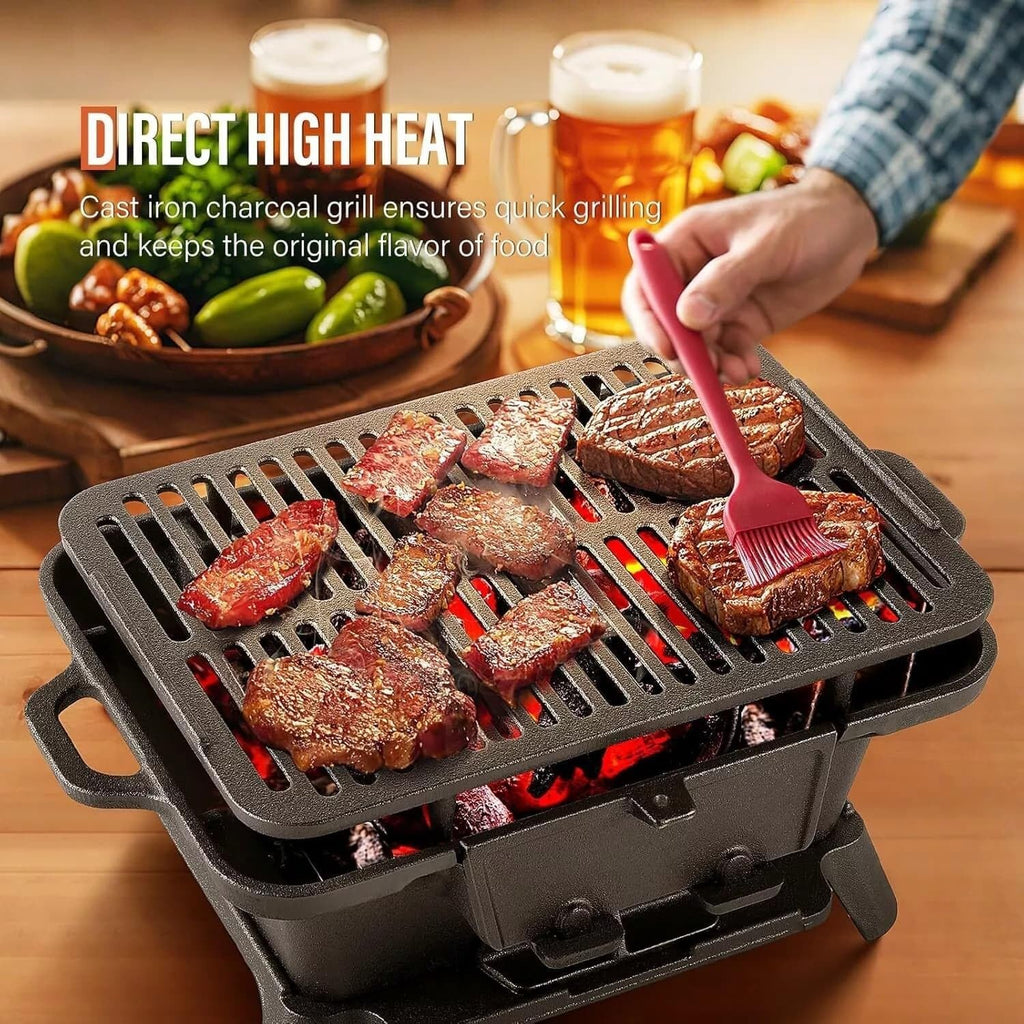 Oval Cast Iron Grill Outdoor - Portable Charcoal Grill & Tabletop Griddle, 19.6' Enameled Camping Stove with Carrying Handles,for BBQ, Tailgating & Hunting (Black,No Carrying Handle)