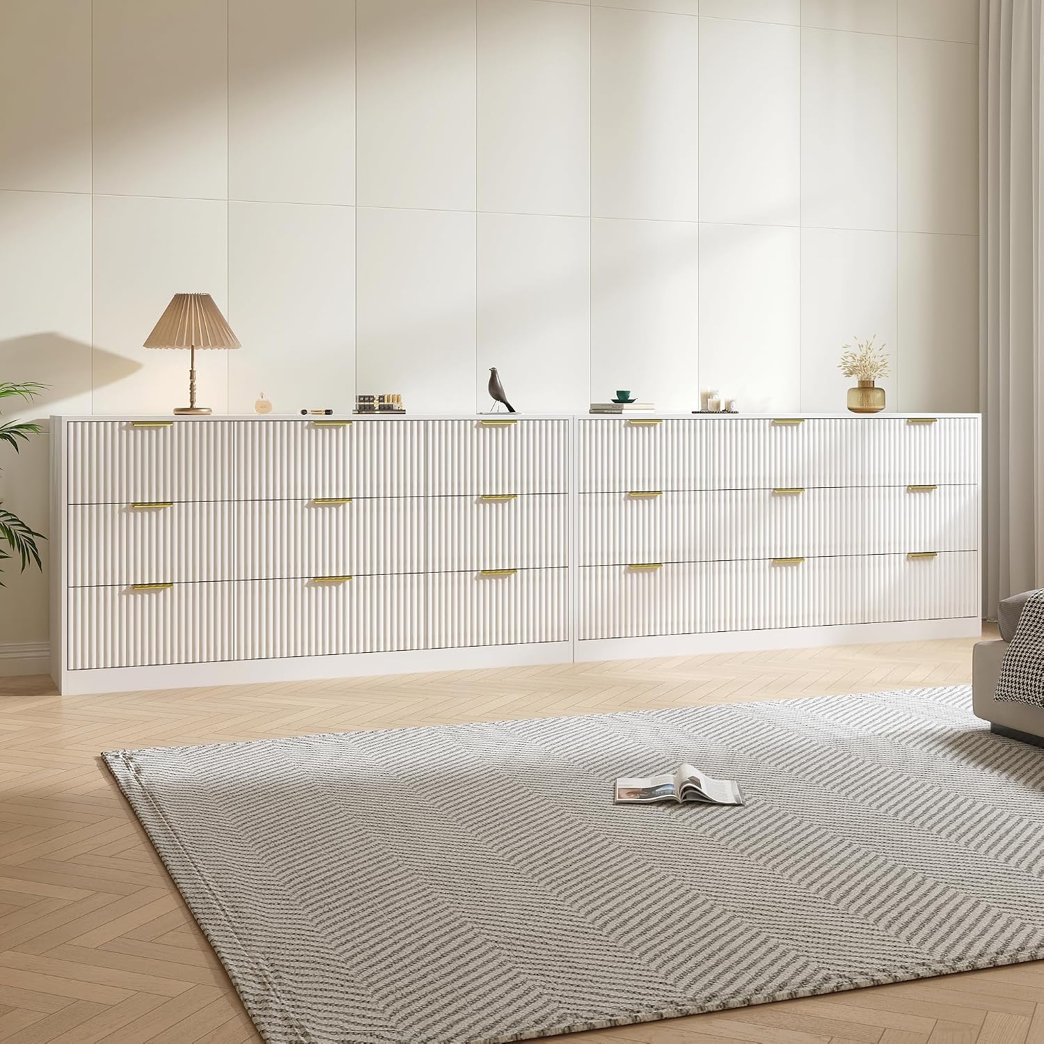 White Dresser Set of 2, Long Dresser for Bedroom Wooden with 18 Drawers, Fluted Modern Bedroom Furniture Set, TV Stand Dressers & Chests of Drawers for Closet (15.7'D x 125.8'W x 31.8'H)