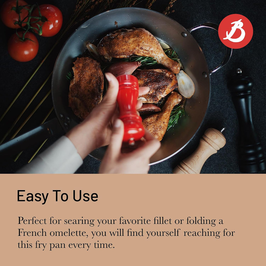 de Buyer MINERAL B Carbon Steel Fry Pan - 14' Diameter, 10.25' Cooking Surface - Ideal for Searing, Sauteing & Reheating - Naturally Non-Stick Finish - Made in France