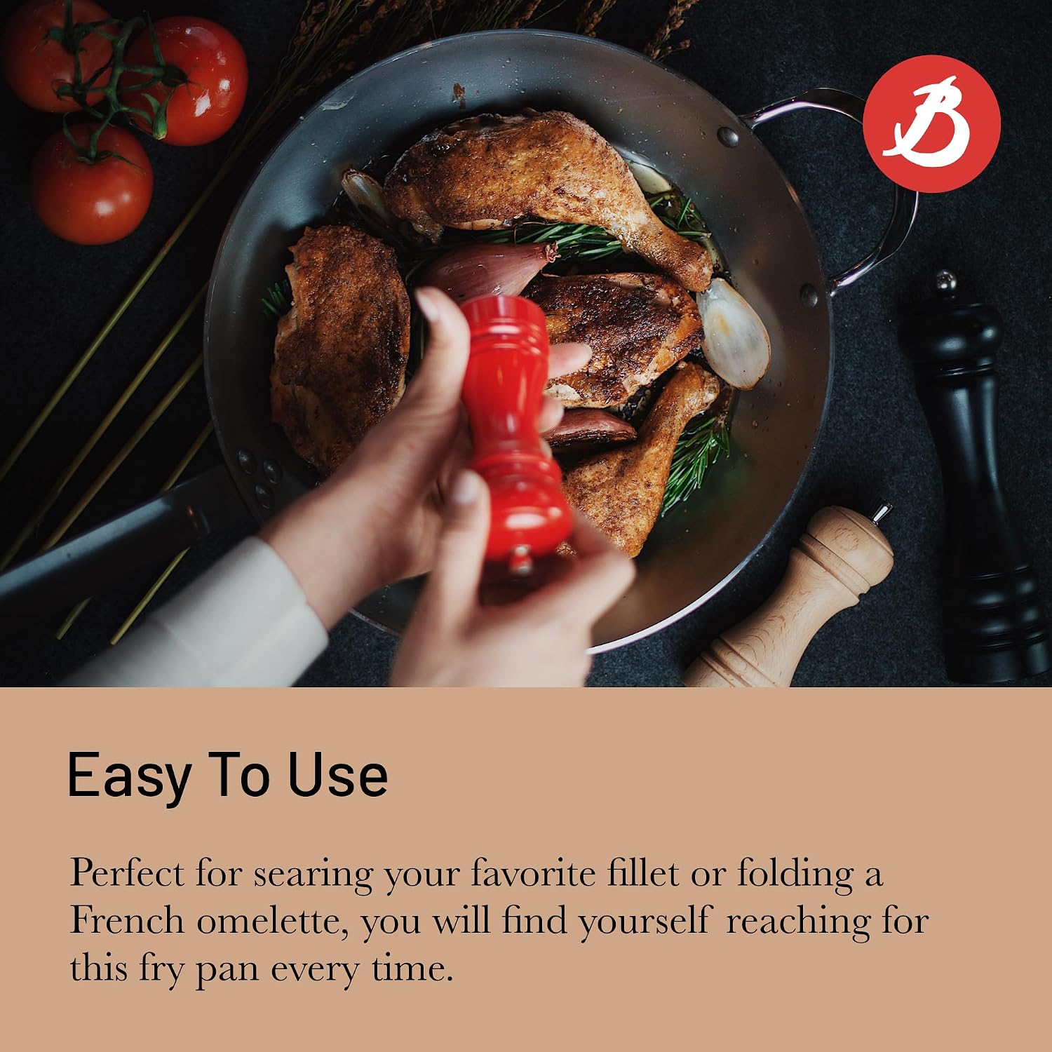 de Buyer MINERAL B Carbon Steel Fry Pan - 14' Diameter, 10.25' Cooking Surface - Ideal for Searing, Sauteing & Reheating - Naturally Non-Stick Finish - Made in France
