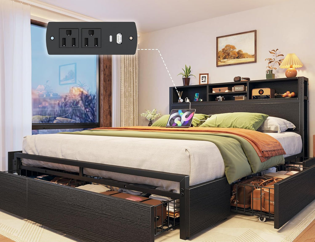 EnHomee Queen Bed Frame with 6 Storage Drawers, Headboard & Charging Station, Noise-Free Metal Platform Bed, No Box Spring Needed,Black