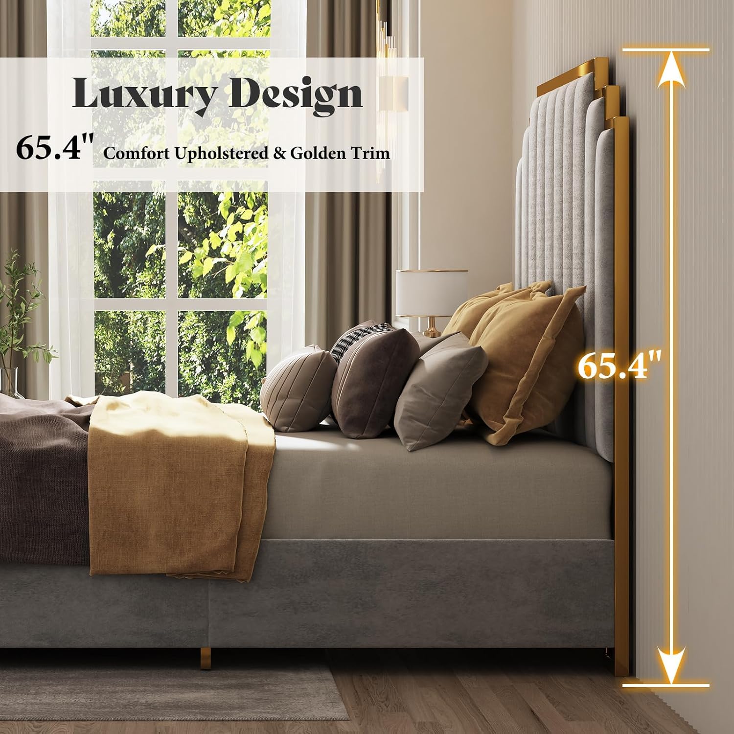 AMERLIFE California King Size Upholstered Bed, Modern Velvet Bed Frame with 65.4' Tall Gold Trim Headboard, No Box Spring Needed, Grey