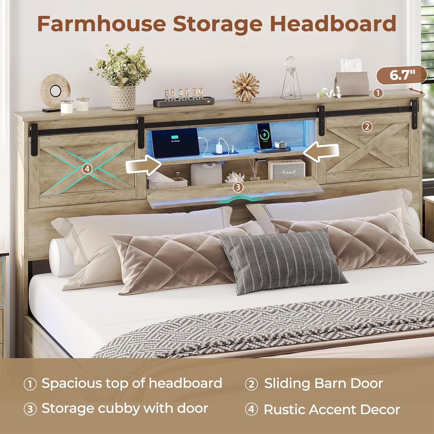 Hasuit Farmhouse Bed Frame King Size with Storage Bookcase Headboard, Wooden King Bed with LED Lights, Charging Station, 2 Drawers, Country Rustic Bed Frame with Sliding Barn Door
