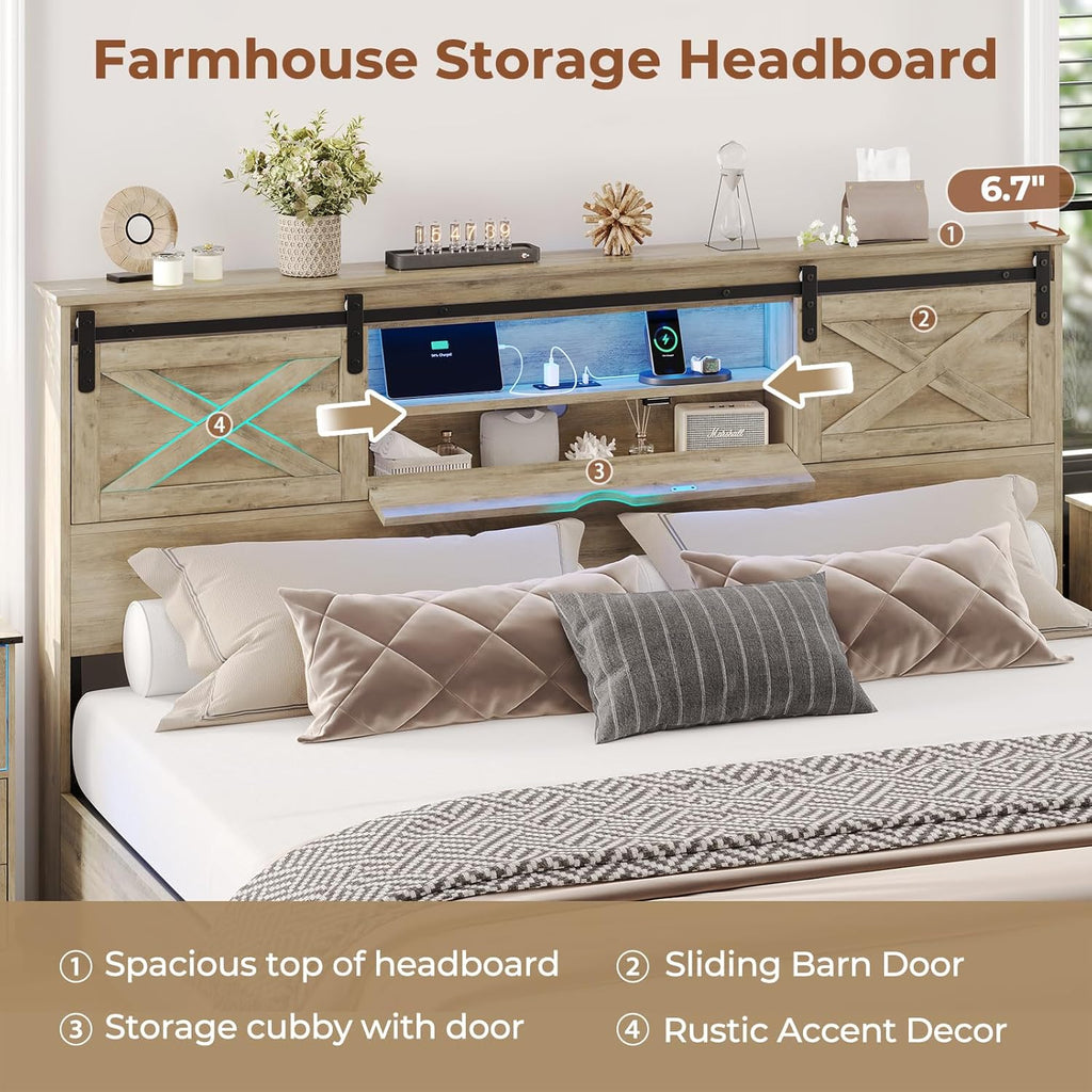 Hasuit Farmhouse Bed Frame California King Size with Storage Bookcase Headboard, Wooden Cal King Bed with LED Lights, Charging Station, 2 Drawers, Country Rustic Bed Frame with Sliding Barn Door