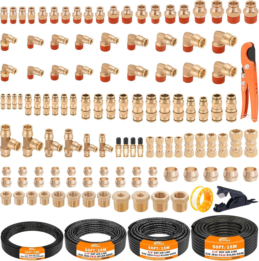 CheeMuii 124 PCS Brass DOT Air Line Fittings with 4 Roll 50FT 1/8' 1/4' 3/8' 1/2' DOT Air Lines Kit Push Lock Air Fitting Quick Connect Air Fittings with Air Hose Pneumatic Tubing