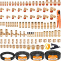CheeMuii 124 PCS Brass DOT Air Line Fittings with 4 Roll 50FT 1/8' 1/4' 3/8' 1/2' DOT Air Lines Kit Push Lock Air Fitting Quick Connect Air Fittings with Air Hose Pneumatic Tubing