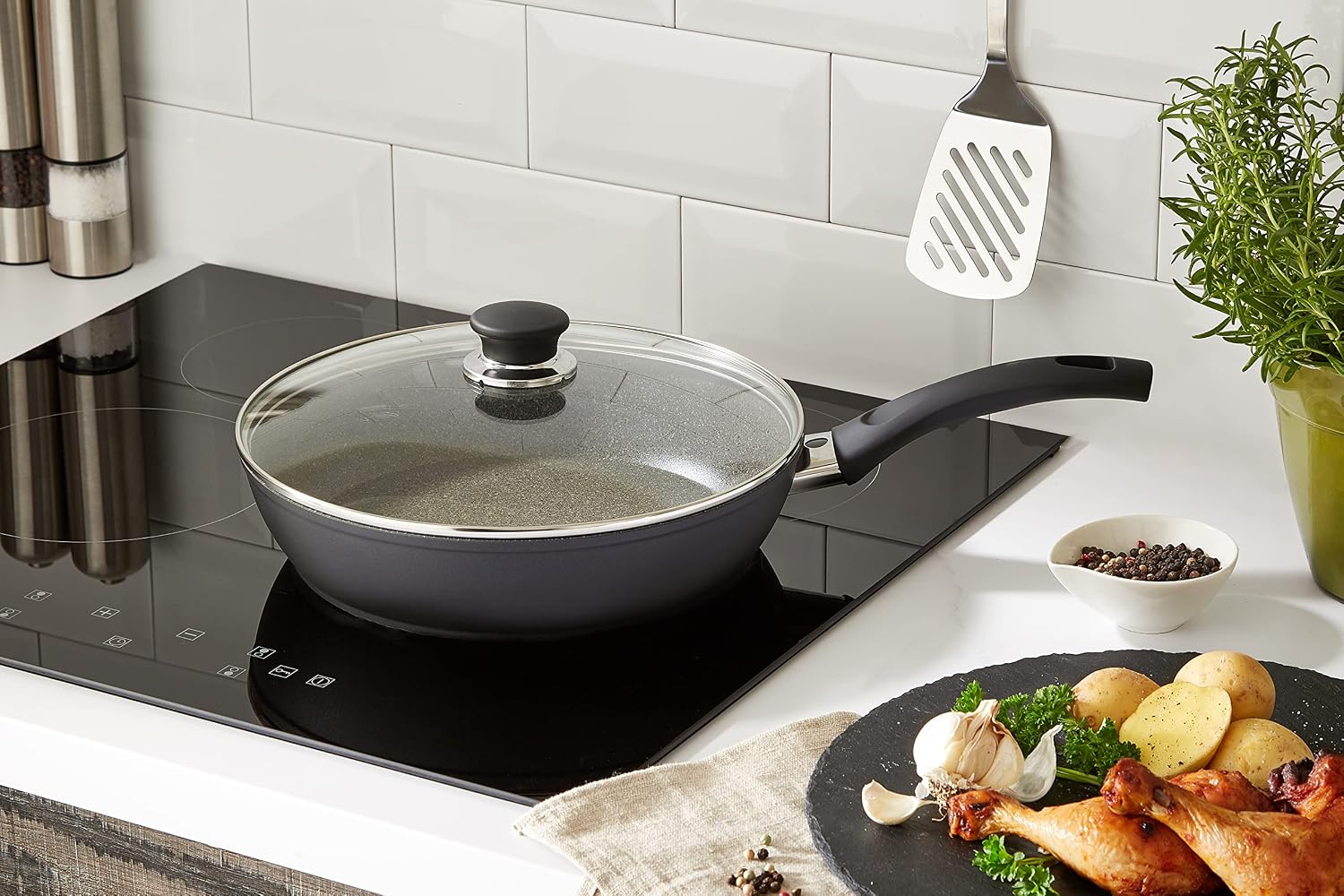 BALLARINI Bari 9N1C-D.28 Sauté Pan 28 cm with Glass Lid Aluminium with Granitium Non-Stick Coating Suitable for Induction Cookers Temperature Control Made in Italy