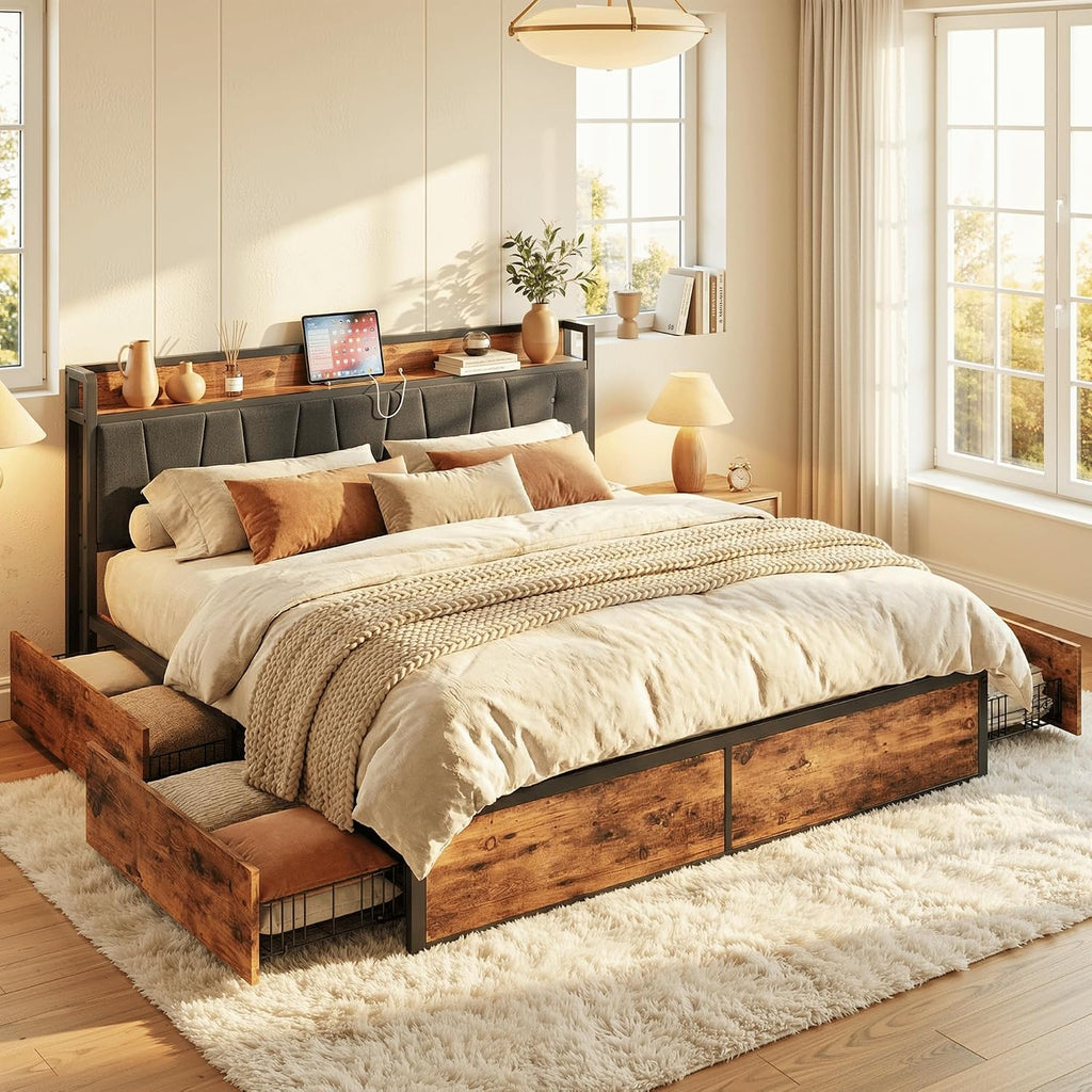LIKIMIO King Bed Frame with 4 Storage Drawers, Platform Bed with Charged Headboard, Sturdy and Stable, No Noise, No Box Spring Needed, Easy to Install, Vintage Brown and Gray