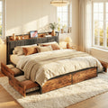 LIKIMIO King Bed Frame with 4 Storage Drawers, Platform Bed with Charged Headboard, Sturdy and Stable, No Noise, No Box Spring Needed, Easy to Install, Vintage Brown and Gray