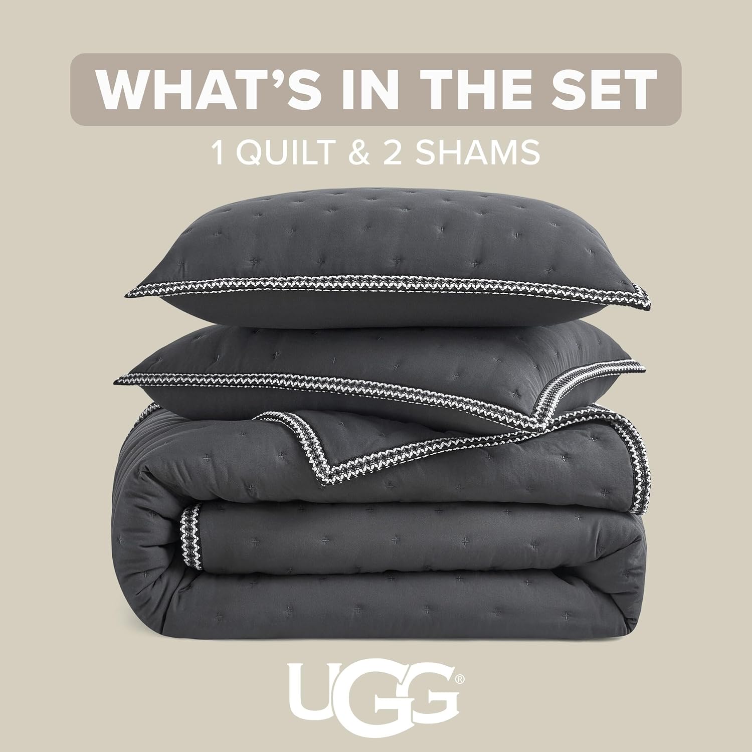 UGG Braid Full/Queen Quilt Set – 3 Piece Queen Quilt Bedding Set with 2 Shams, Soft Lightweight Bedspread Coverlet for Home & Bedroom, Black Ink (Devon)