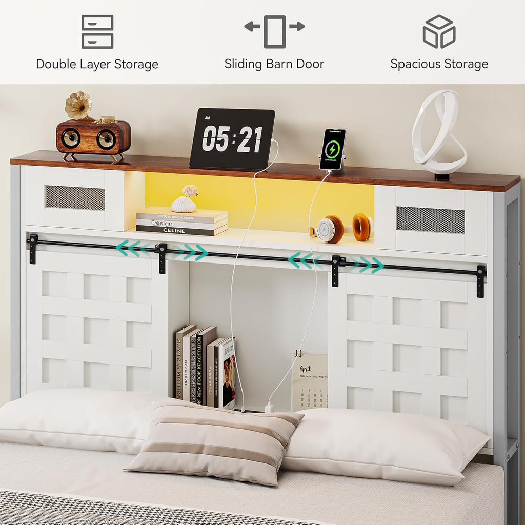 YITAHOME Queen Farmhouse Bed Frame,49.14' Tall Headboard with Storage and Bookcase Led Light & Charging Station, Sliding Barn Door, Wooden Platform Bed Frame, No Box Spring Needed, White