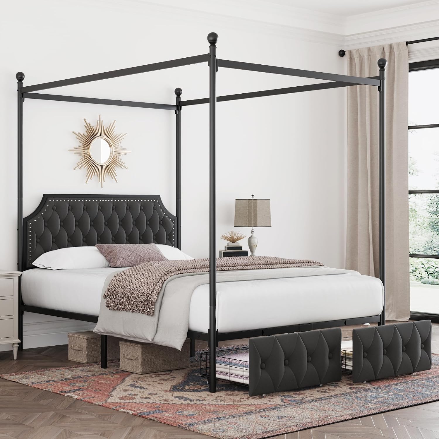 Keyluv Full Upholstered Canopy Bed Frame with 2 Storage Drawers & Button Tufted Headboard, Metal Platform Bed with 4 Removable Posts, Two-Purpose Velvet Bed, Dark Grey/Curtain Not Included