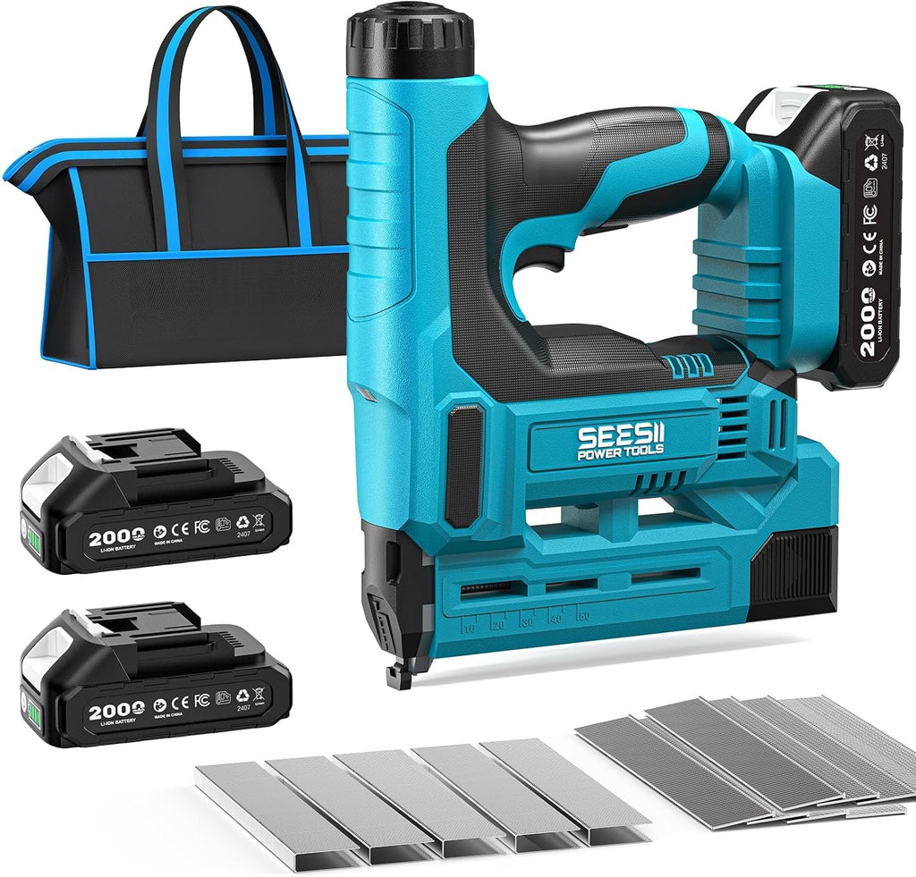 SEESII Cordless Brad Nailer, 18 Gauge 2 in 1 Electric Stapler/Nail Gun, 2.0Ah Battery, 1000pcs Nails and Staples, Adjustable Depth for Upholstery, Woodworking