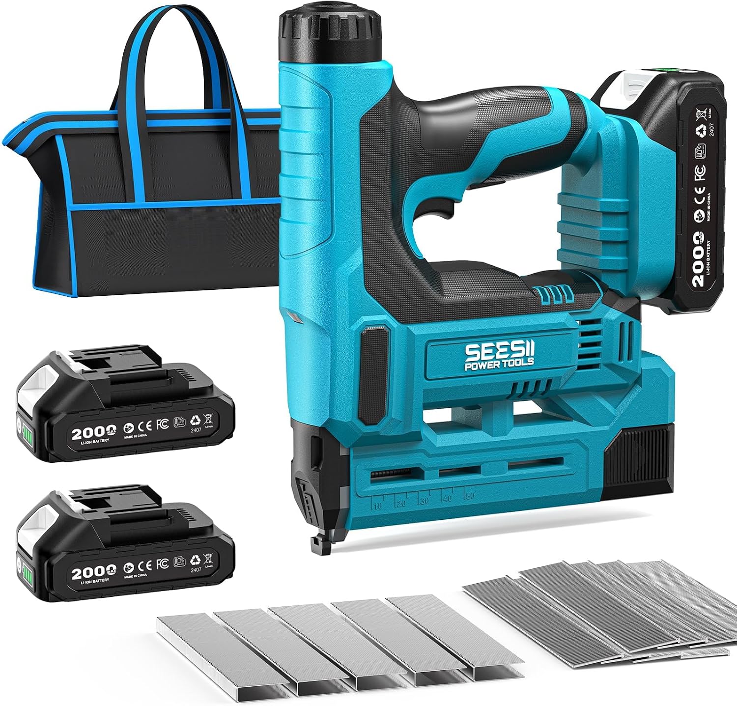 SEESII Cordless Brad Nailer, 18 Gauge 2 in 1 Electric Stapler/Nail Gun, 2.0Ah Battery, 1000pcs Nails and Staples, Adjustable Depth for Upholstery, Woodworking