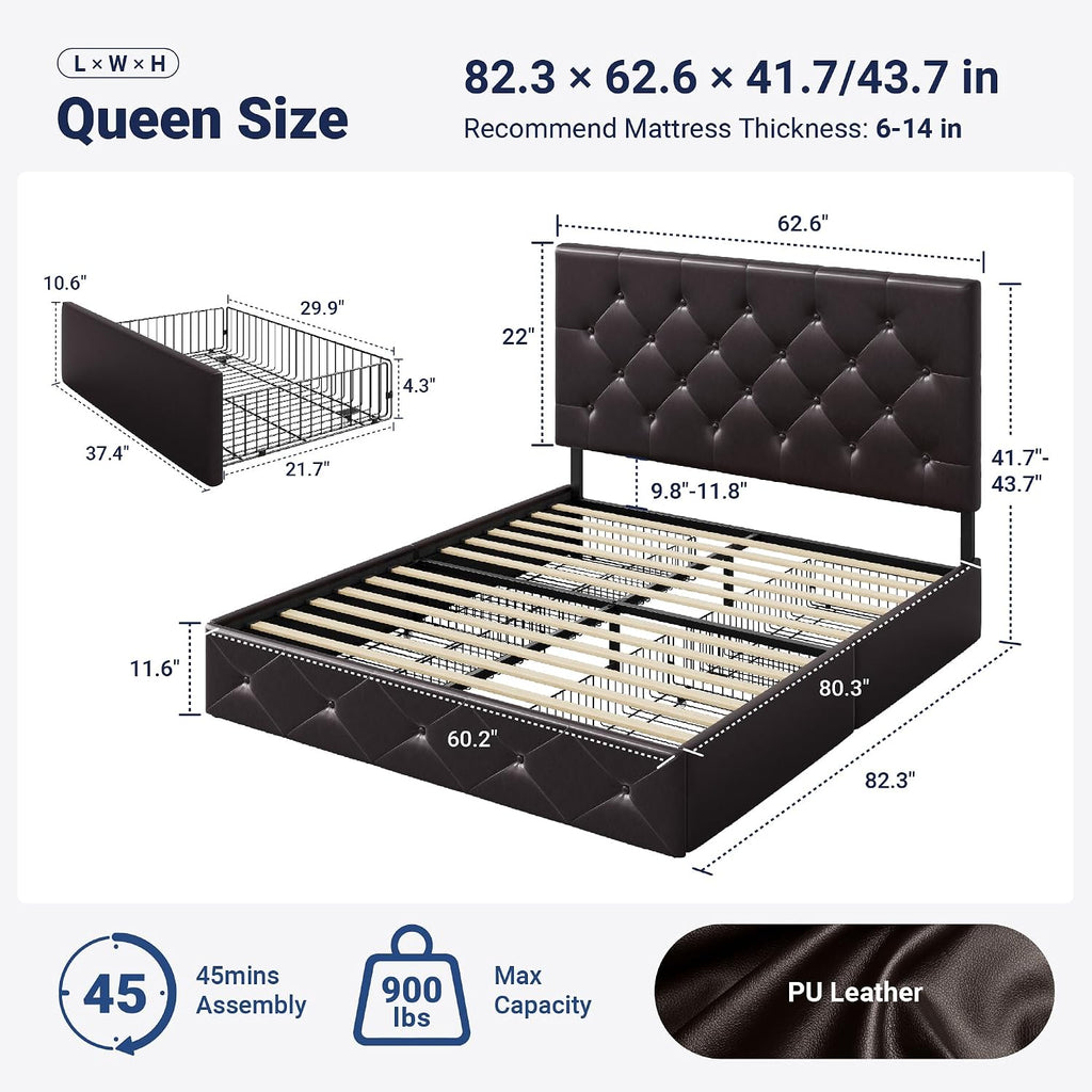 Allewie Upholstered Queen Size Platform Bed Frame with 4 Storage Drawers and Headboard, Diamond Stitched Button Tufted, Mattress Foundation with Wooden Slats Support, No Box Spring Needed, Black Brown