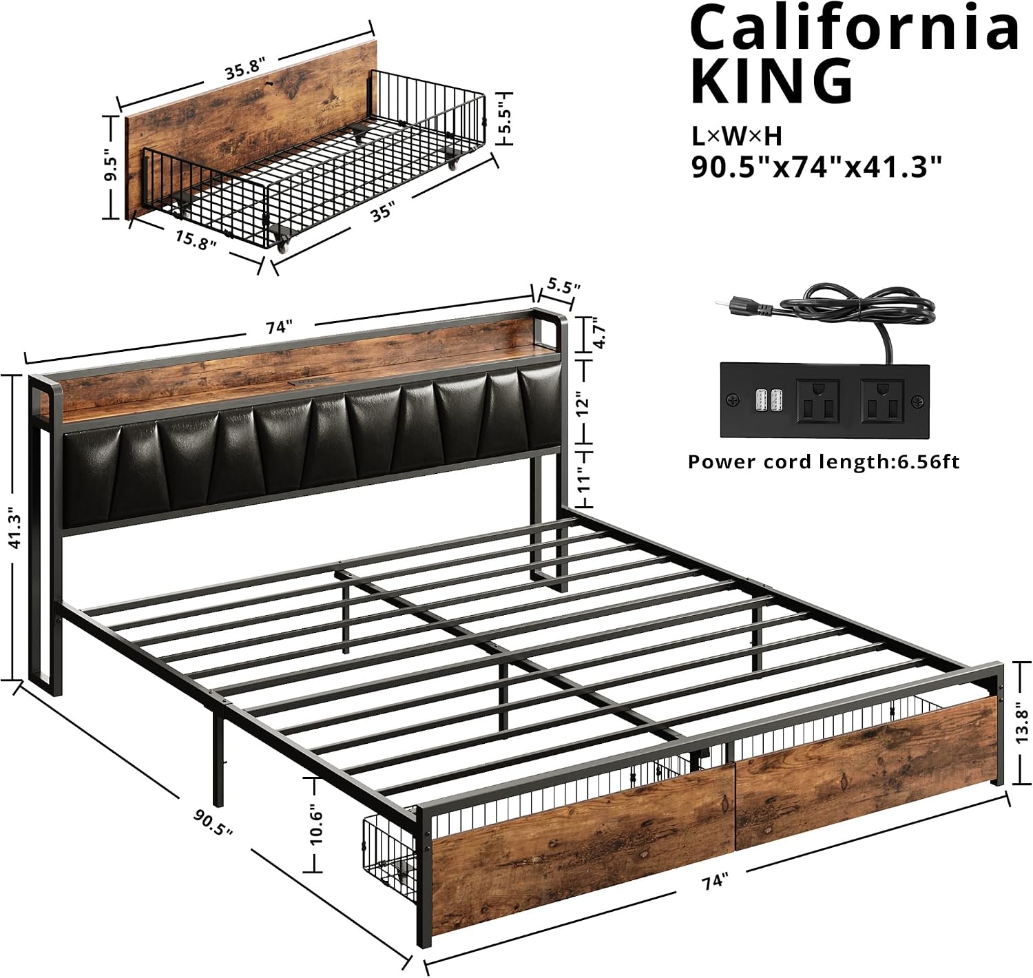LIKIMIO California King Size Bed Frame, Storage Headboard with Charging Station, Platform Bed with Drawers, No Box Spring Needed, Easy Assembly, Vintage Brown and Black