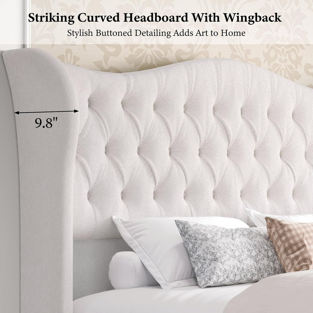 koorlian King Size Bed Frame,Chenille Upholstered Sleigh Bed with Scroll Wingback Headboard & Footboard,Luxury & Soft Button Tufted Modern Bed,Easy Assembly,No Box Spring Needed