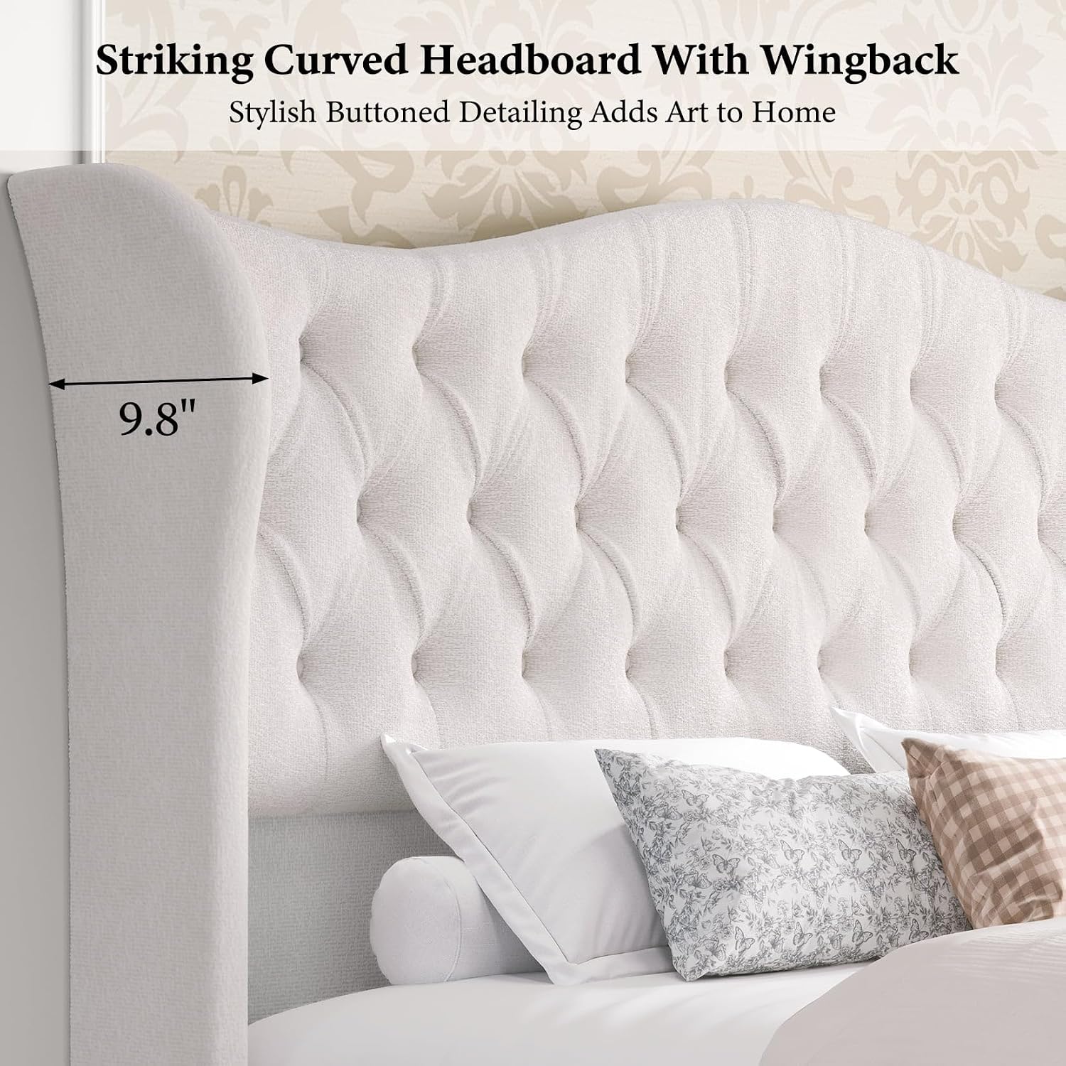 koorlian King Size Bed Frame,Chenille Upholstered Sleigh Bed with Scroll Wingback Headboard & Footboard,Luxury & Soft Button Tufted Modern Bed,Easy Assembly,No Box Spring Needed