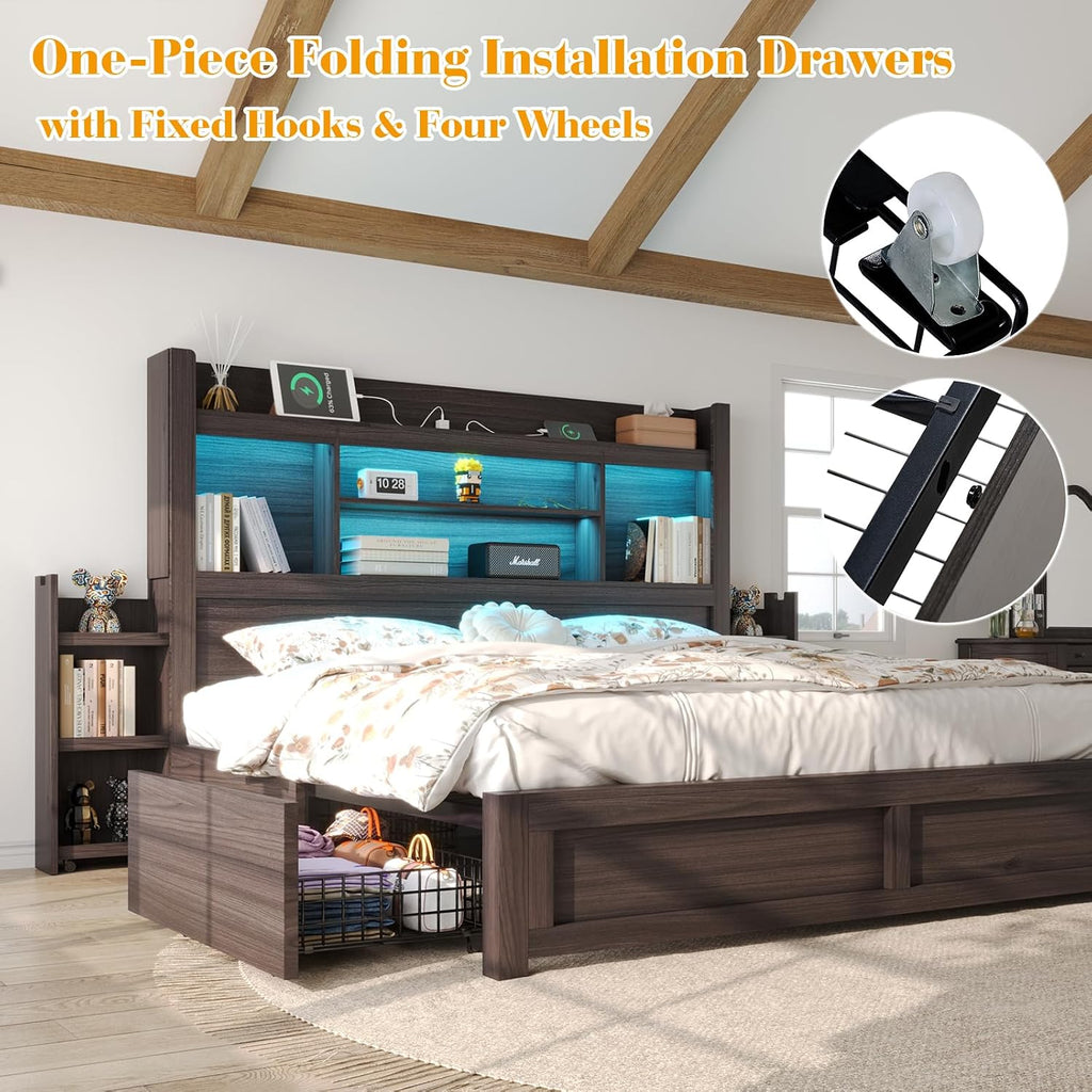 LUXOAK Full Bed Frame with 49.6' Bookcase Headboard & 2 Bedside Stoage Racks & 4 Drawers, Farmhouse Wood Bed Frame with RGB LED & Charging Station, No Box Spring Needed, Black