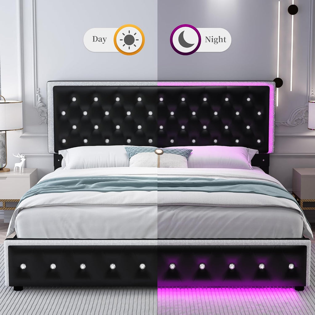 SIBEDS Queen LED Bed Frame with 2 Drawers, Storage Platform Beds with Upholstered Crystal Button Tufted Headboard Footboard, 2 Side Pockets, No Box Spring Needed, PU Black