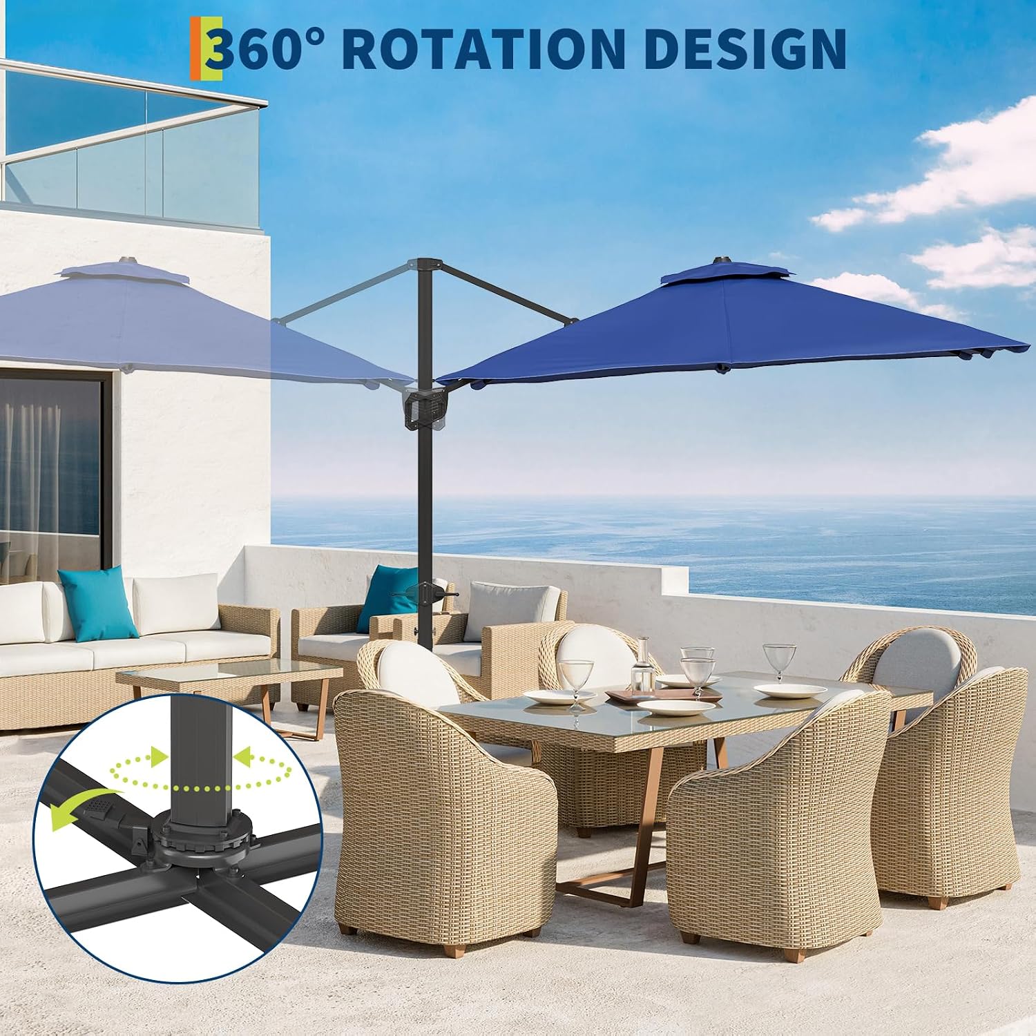 10 FT Offset Patio Umbrella with Solar Lights and Cross Base, Cantilever Umbrella with Easy Tilt Adjustment, Polyester Shade for Garden, Deck, Pool, Backyard