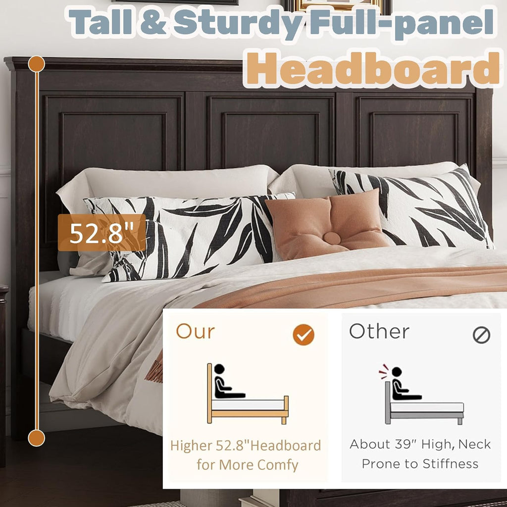 Wood Bed Frame King with Tall Headboard & Footboard, Traditional King Panel Bed with USB Charging Station for Bedroom, Guest Room, Easy Assembly, No Box Spring Required,Brown