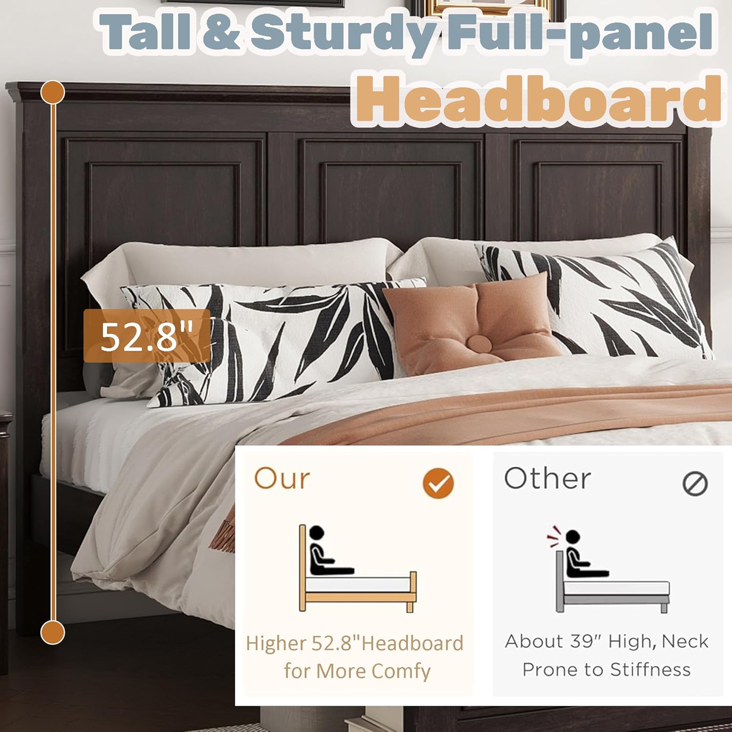 Wood Bed Frame King with Tall Headboard & Footboard, Traditional King Panel Bed with USB Charging Station for Bedroom, Guest Room, Easy Assembly, No Box Spring Required,Brown