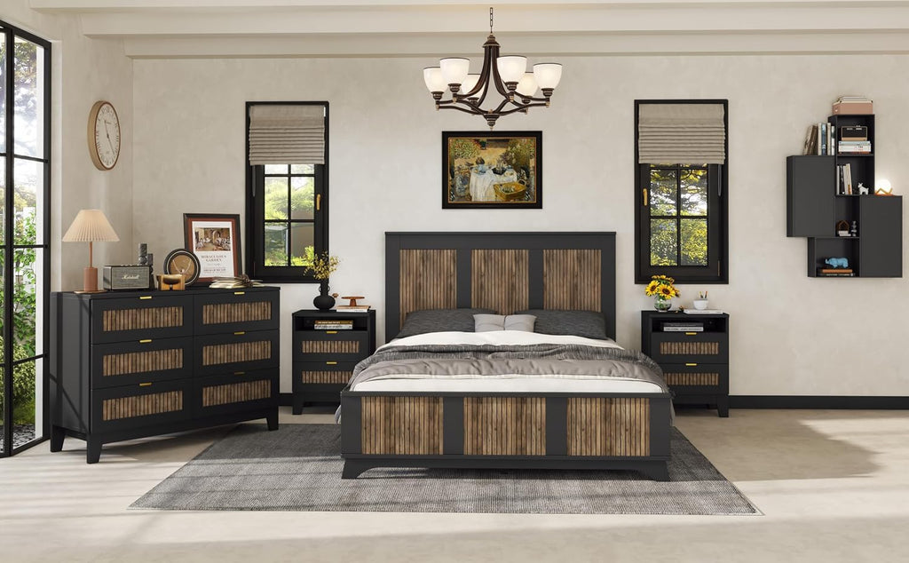 Harper & Bright Designs 4-Pieces Bedroom Sets, Queen Size Platform Bed with 2 Nightstands and A 6-Drawer Dresser, Queen Size Bedroom Set with Wooden Strip Decoration, Black