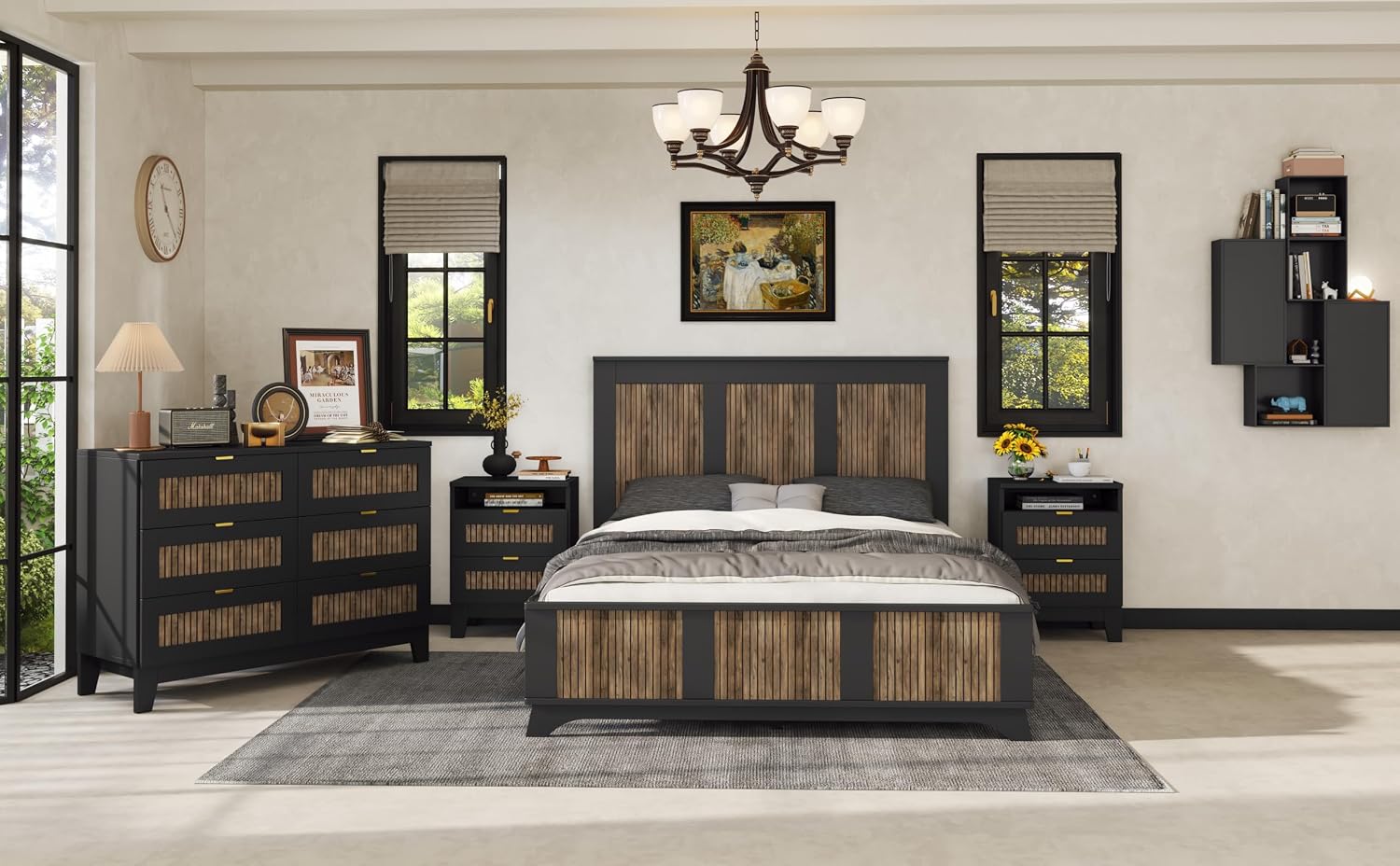 Harper & Bright Designs 4-Pieces Bedroom Sets, Queen Size Platform Bed with 2 Nightstands and A 6-Drawer Dresser, Queen Size Bedroom Set with Wooden Strip Decoration, Black