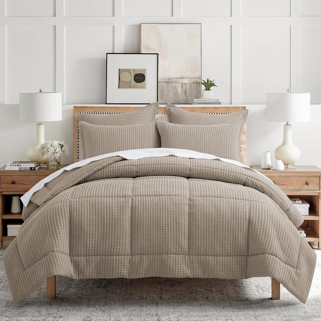 Levtex Home Mills Waffle King/Cal King Comforter Set (106x94in) with 2 Pillow Shams (36x20in) - Beige Fawn - 100% Cotton King Size Comforter Set - Soft, Pre-Washed
