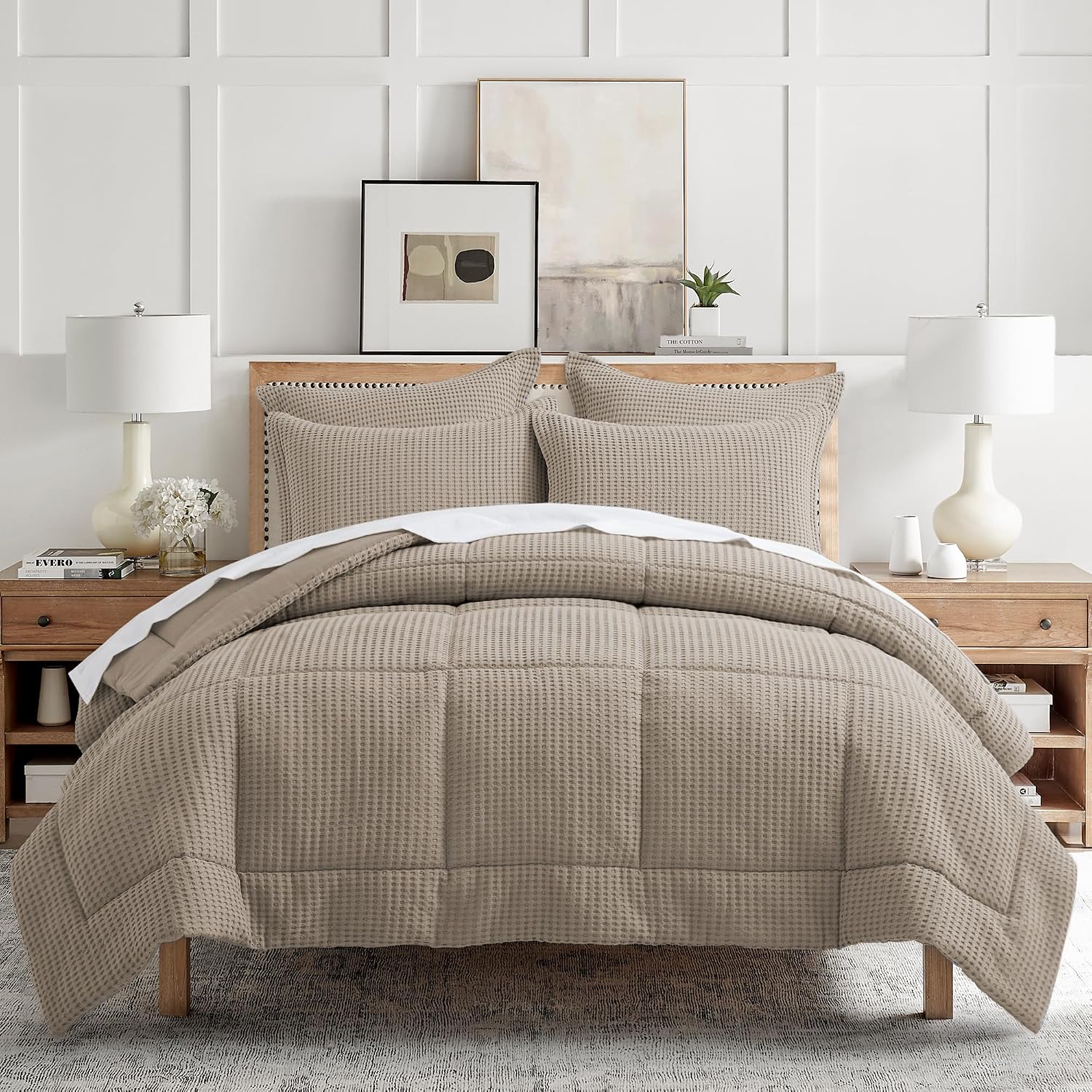 Levtex Home Mills Waffle King/Cal King Comforter Set (106x94in) with 2 Pillow Shams (36x20in) - Beige Fawn - 100% Cotton King Size Comforter Set - Soft, Pre-Washed