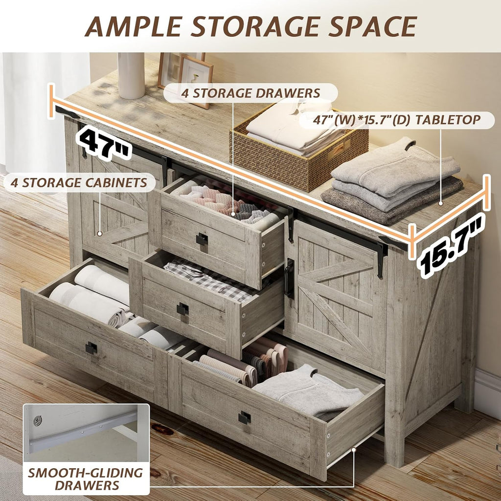 LUXOAK 3 Pieces Bedroom Set - Includes 60' Farmhouse Dresser, 48' Chest of Drawers with Sliding Barn Doors, 48' Tall Storage Cabinet with 5 Drawers, Rustic Grey