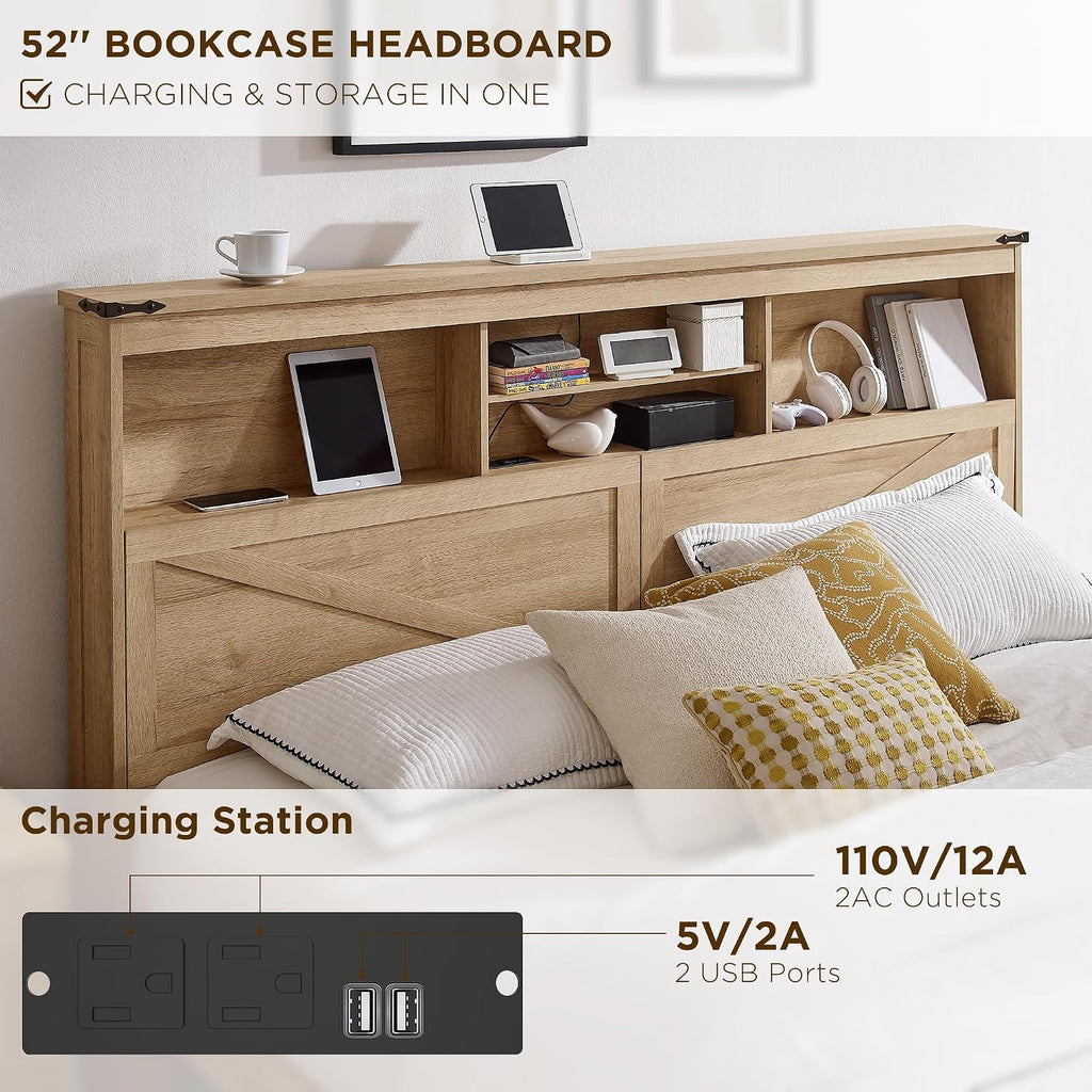 ACCOHOHO King Bed Frame with 52' Headboard and 4 Drawers,LED Light,Charging Station,Solid Wood Slats Support,No Box Spring Needed,Natural Oak