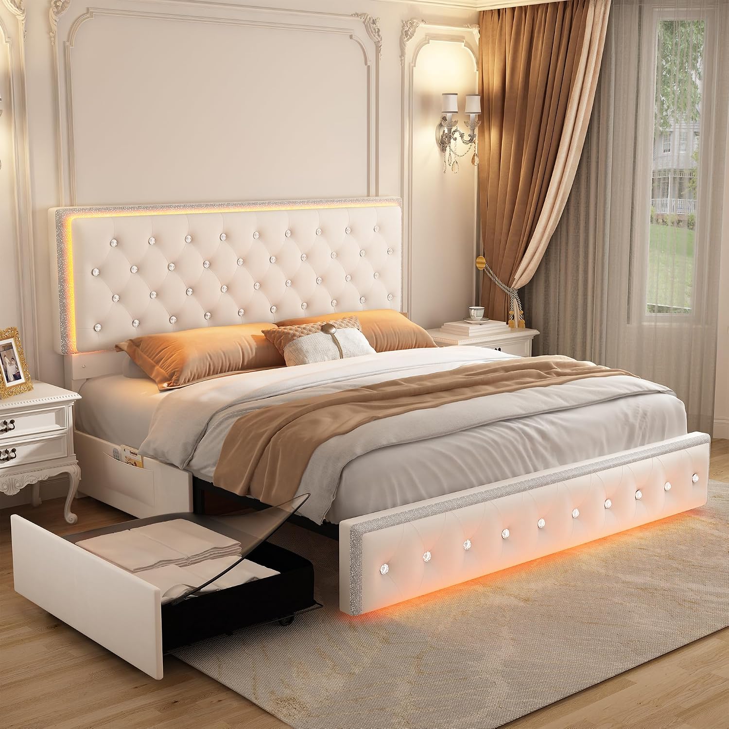 SIBEDS Queen LED Bed Frame with 2 Drawers, Storage Platform Beds with Upholstered Crystal Button Tufted Headboard Footboard, 2 Side Pockets, No Box Spring Needed, Velvet Cream