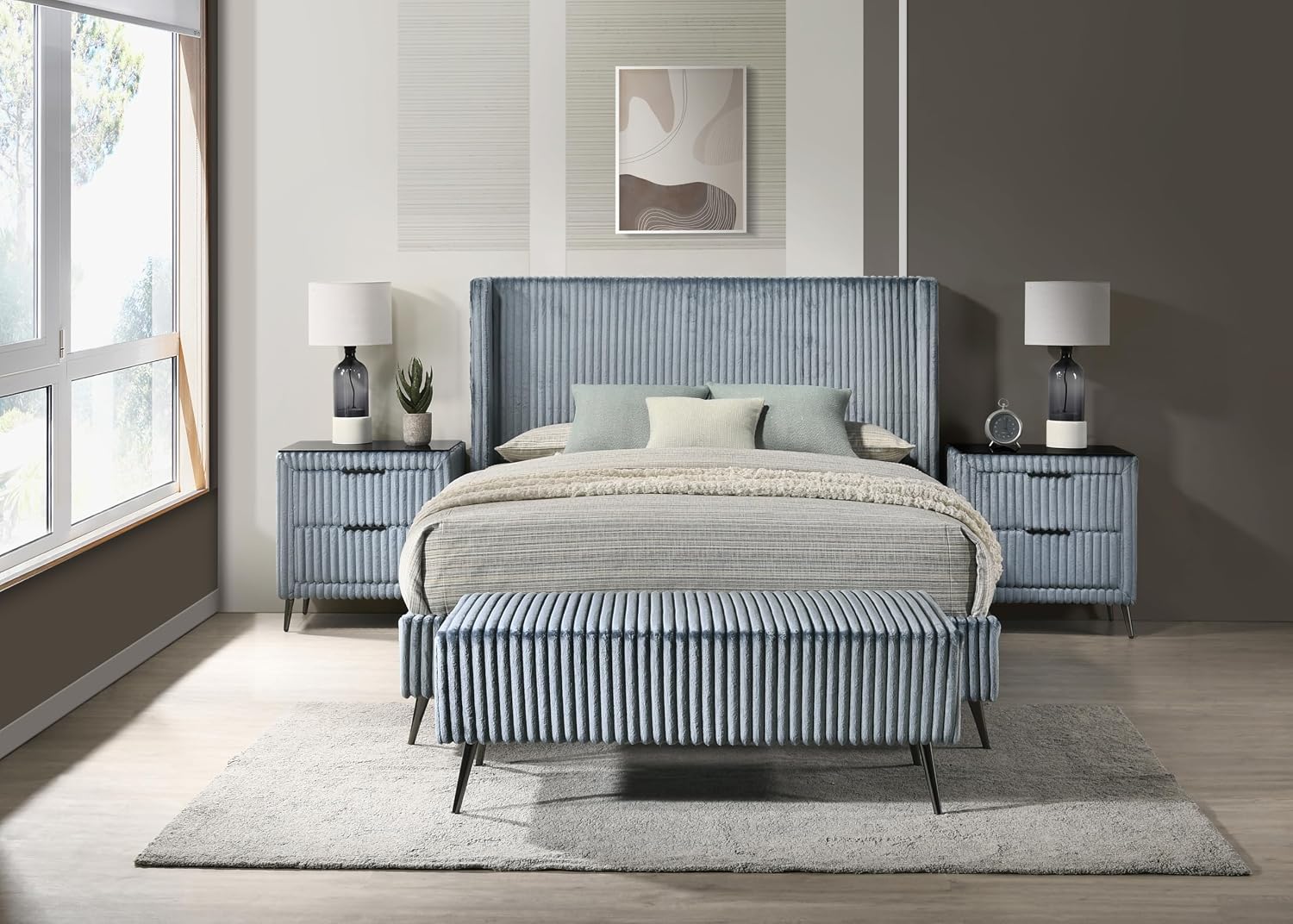 Roundhill Furniture Mavela Wide Wale Corduroy Upholstery Panel Queen Bed with 2 Nightstands and Bench, Blue