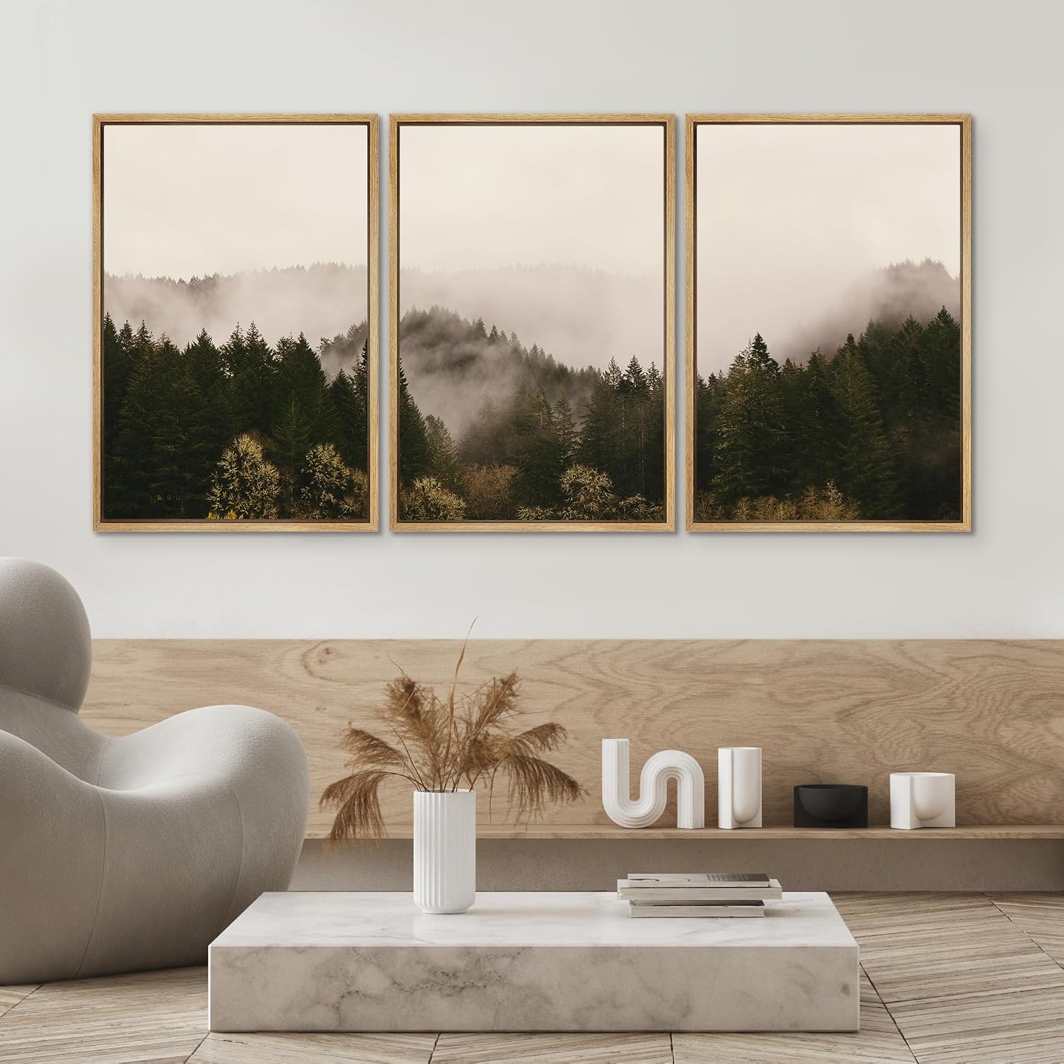 SIGNWIN 3 Piece Framed Canvas Wall Art Brown Foggy Mountains Nature Wilderness Photography Abstract Rustic Canvas Prints Home Artwork Decoration for Living Room,Bedroom - 24'x36'x3 Natural