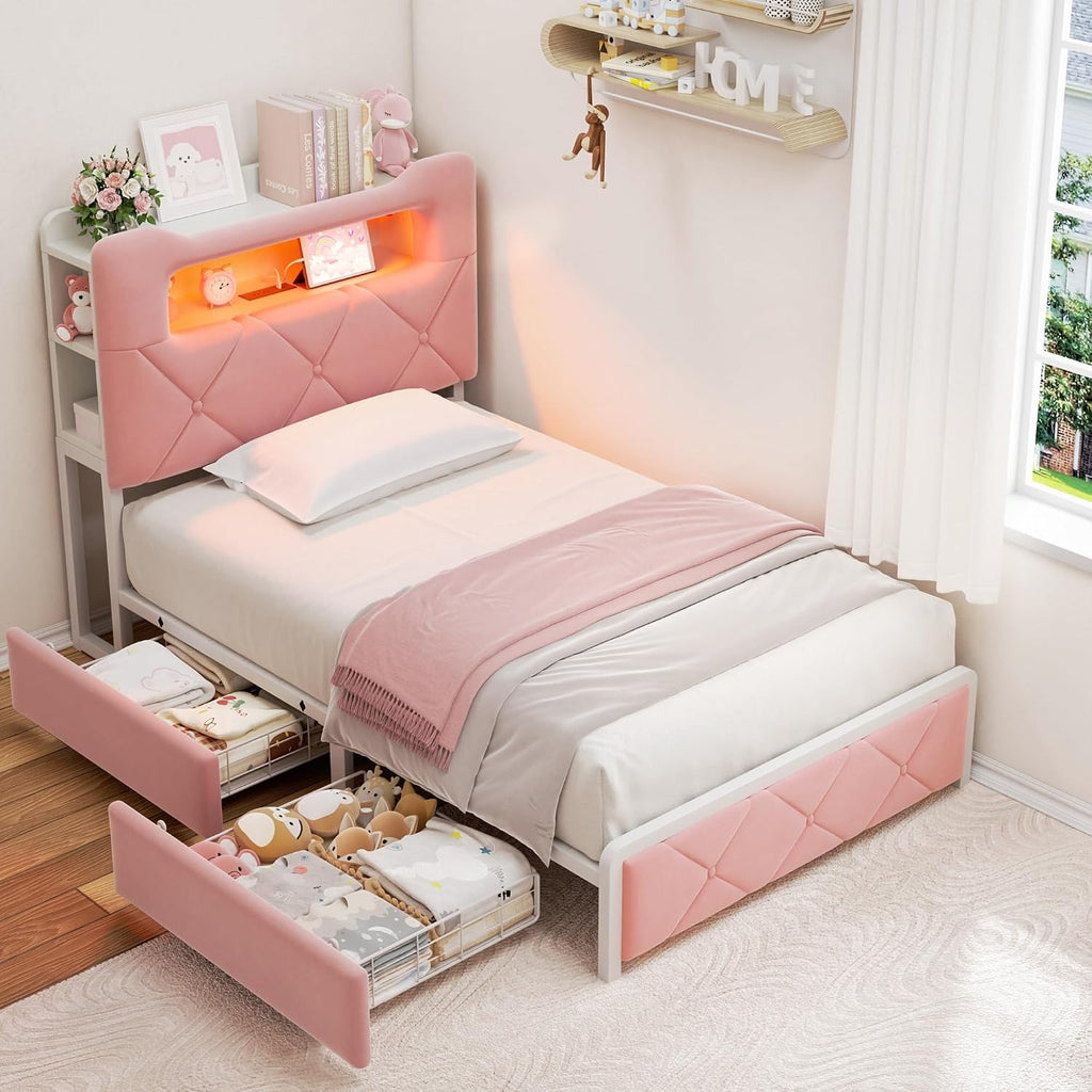 Twin Upholstered LED Bed Frame with 2 Storage Drawers and 2-Tier Storage Bookcase Headboard, Velvet Princess Platform Bed for Kids/Girls/Boys, Corner Bed Frame, Heavy Duty Metal Support, Pink