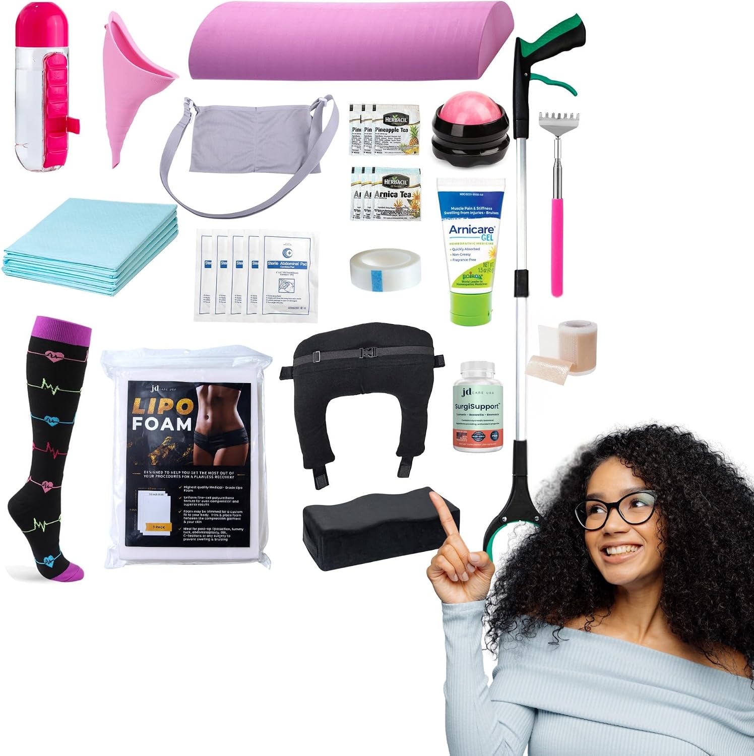 BBL Plus Post Surgery Supplies Kit with SurgiSupport | 34-Piece After Surgery Recovery Set with Lipo Foam, ABD Pads, BBL Backrest Pillow & More