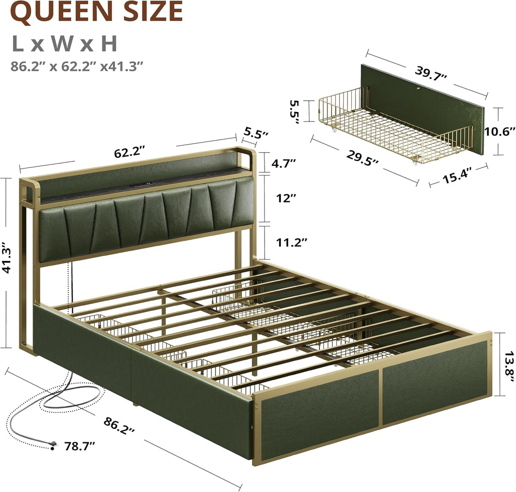 LIKIMIO Queen Bed Frame with 4 Storage Drawers, Platform Bed with Charged Headboard, Sturdy and Stable, No Noise, No Box Spring Needed, Easy to Install, Dark Green