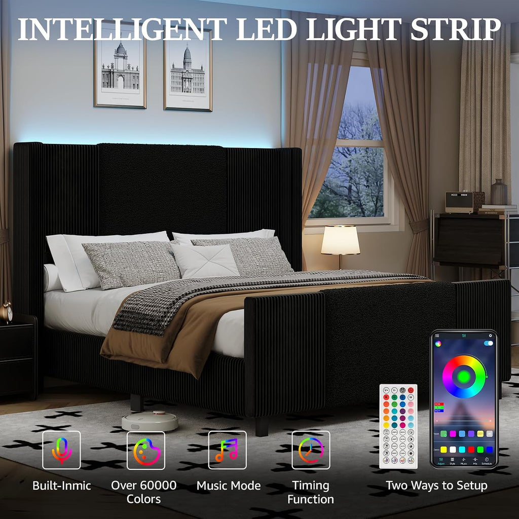 Lihimte Queen Size Bed Frame with Tall Headboard and Footboard, Boucle and Corduroy Upholstered Bed Frame Queen with LED Lights, Modern Platform Bed Frames, Noiseless, Easy Assembly, Black