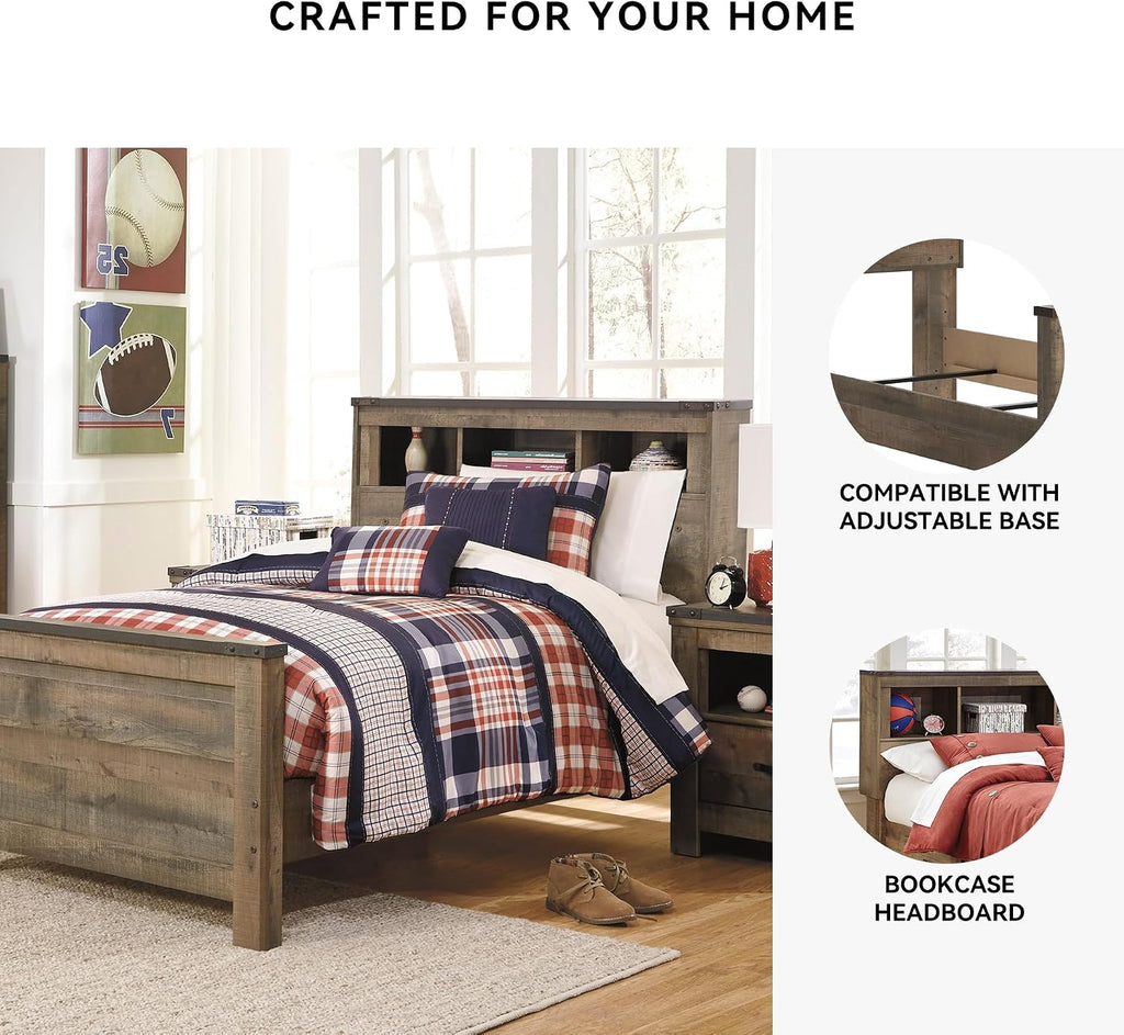 Signature Design by Ashley Trinell Casual Twin Bookcase Panel Bed with Metal Slats and Nailheads, Foundation or Box Spring Needed, Dark Brown