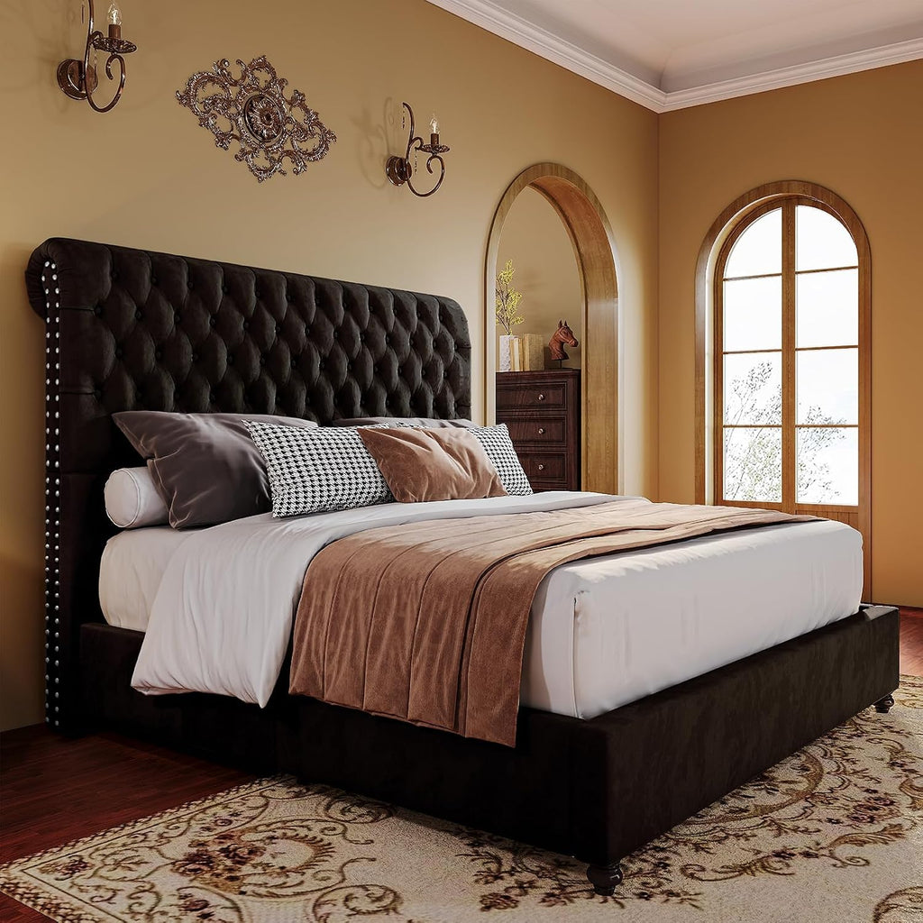 PaPaJet King Bed Frame Upholstered Platform Bed Frame with 53'' Tall Sleigh Headboard, Button Tufted, No Box Spring Needed, Easy Assembly, Black