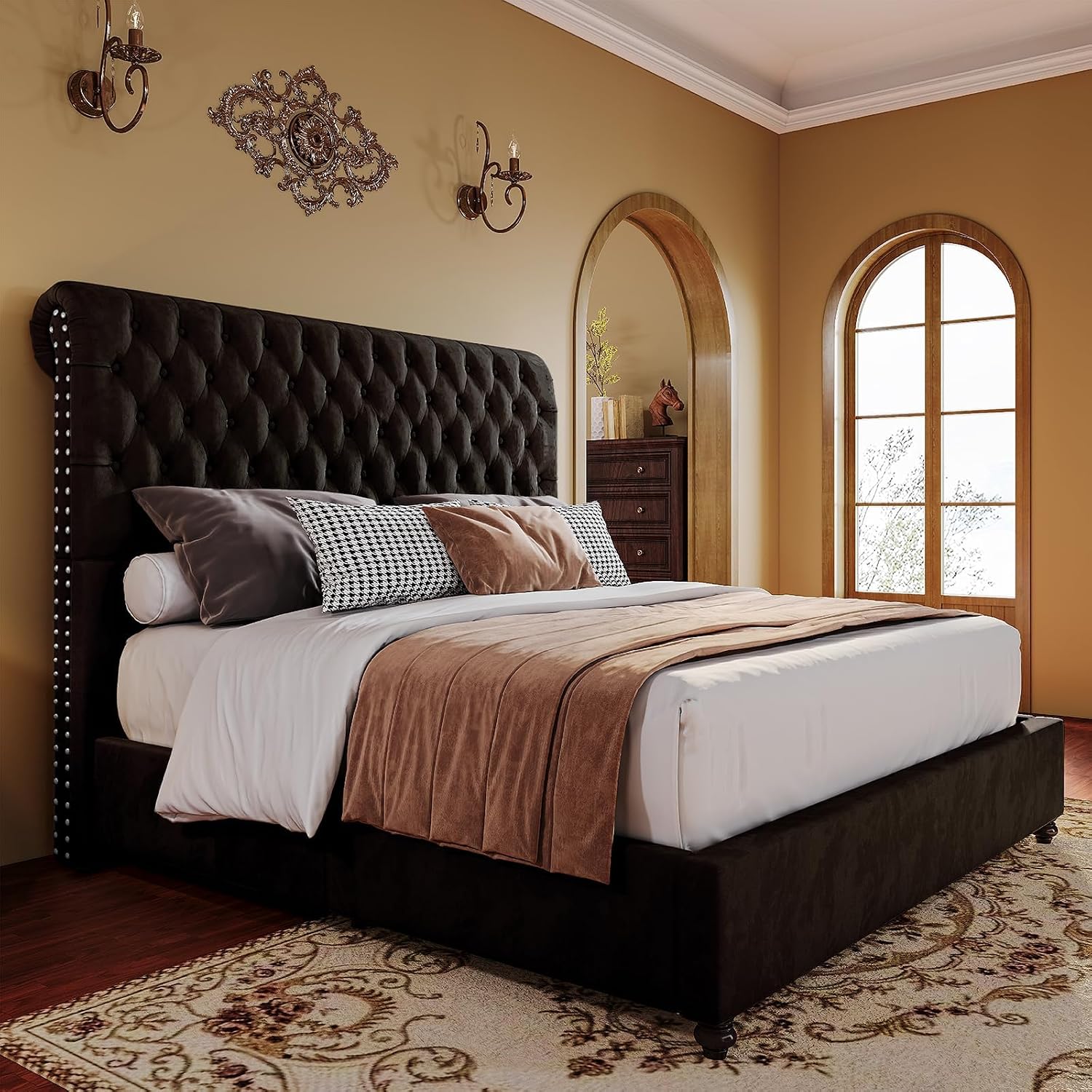 PaPaJet King Bed Frame Upholstered Platform Bed Frame with 53'' Tall Sleigh Headboard, Button Tufted, No Box Spring Needed, Easy Assembly, Black