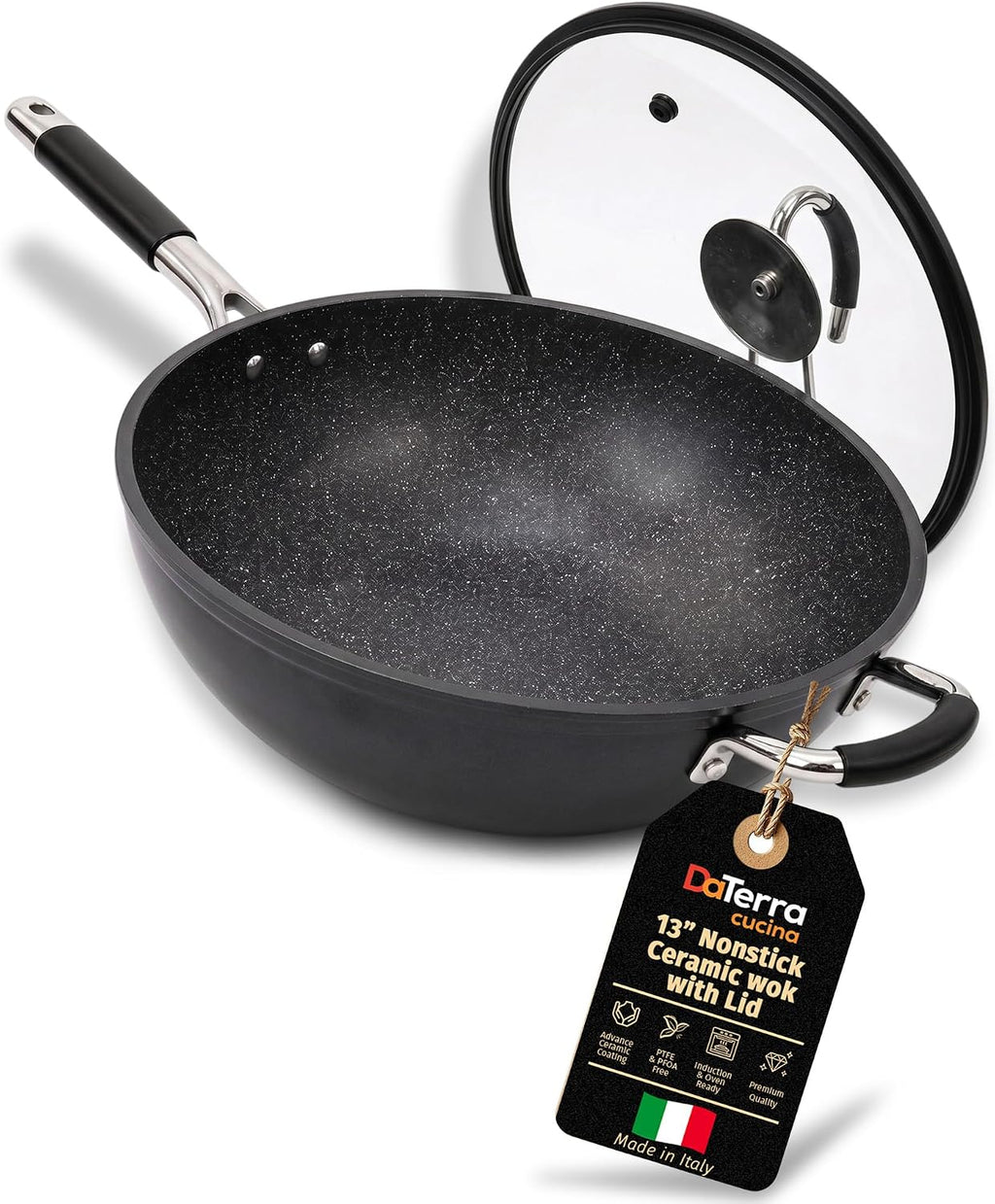DaTerra Cucina - 13' Nonstick Ceramic Wok with Lid - Made in Italy - High Heat Resistant Nonstick Cookware - Oven & Induction Safe, PTFE, Cadmium, Lead & PFOA free - Volcanic Black Speckled