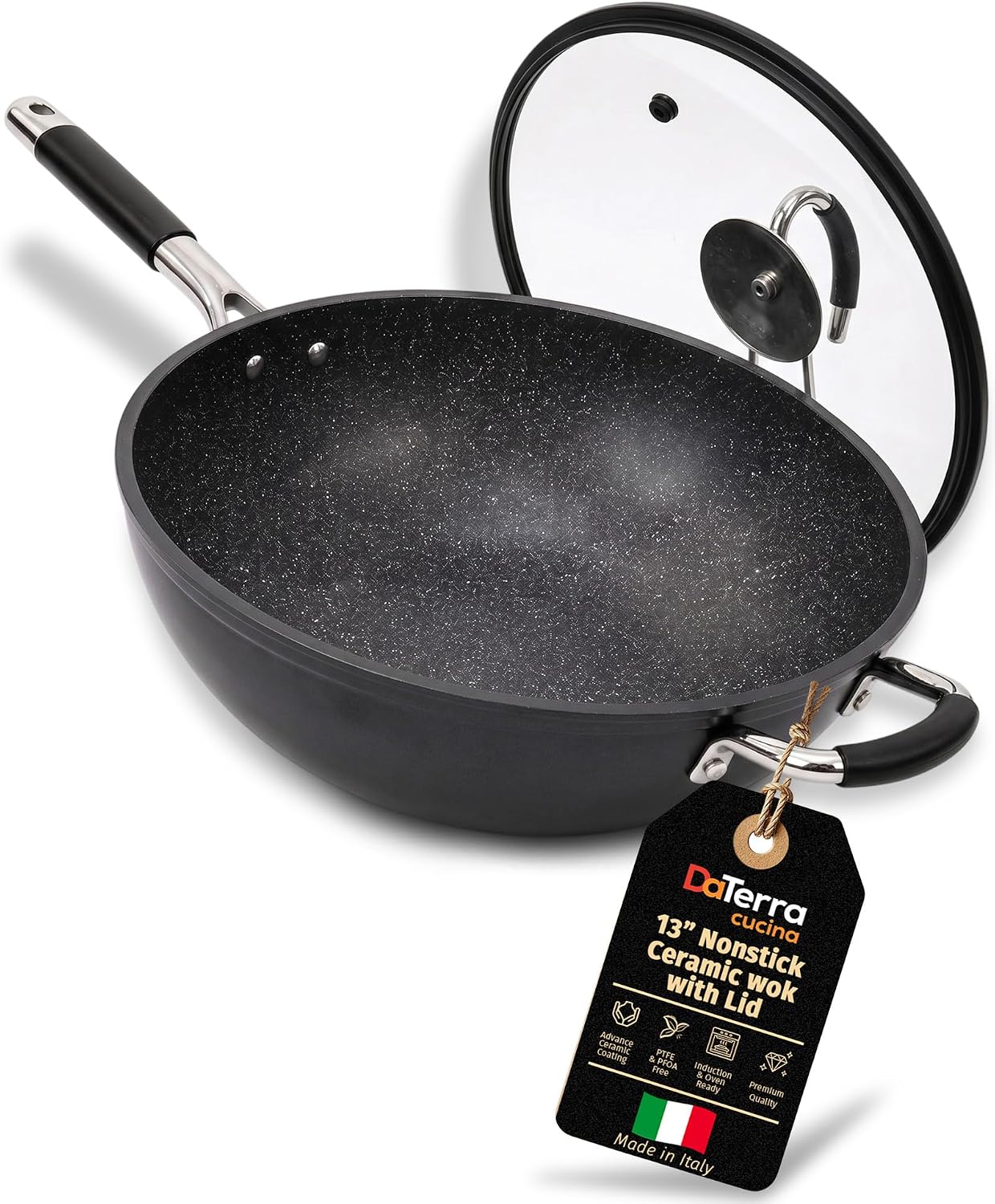 DaTerra Cucina - 13' Nonstick Ceramic Wok with Lid - Made in Italy - High Heat Resistant Nonstick Cookware - Oven & Induction Safe, PTFE, Cadmium, Lead & PFOA free - Volcanic Black Speckled